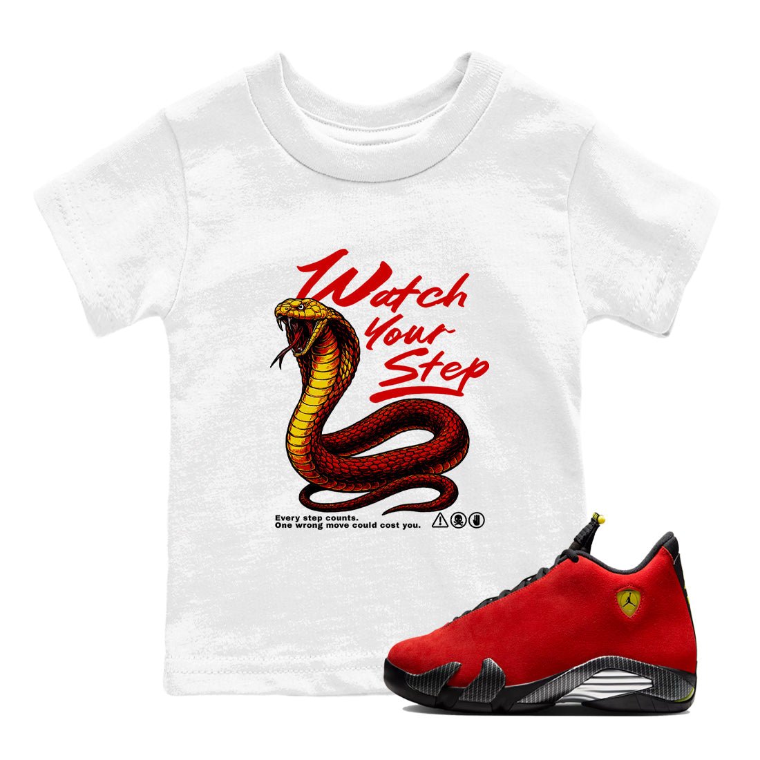 Watch Your Step baby and kids t-shirt crafted for little sneakerheads to shine with the Air Jordan 14 Challenge Red sneakers, AJ14 Ferrari, displayed in White 1.