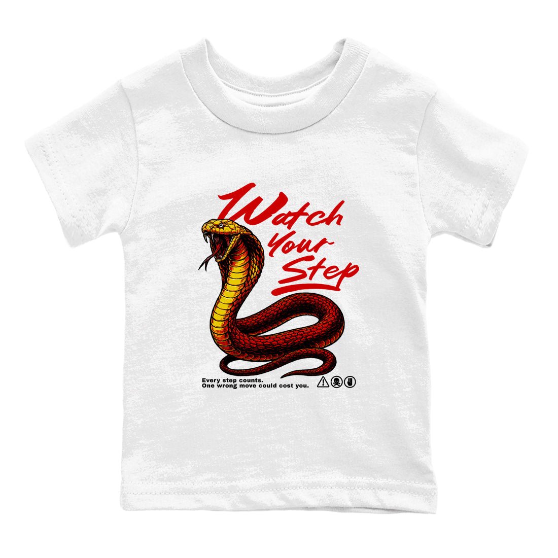 Watch Your Step baby and kids t-shirt crafted for little sneakerheads to shine with the Air Jordan 14 Challenge Red sneakers, AJ14 Ferrari, displayed in White 2.