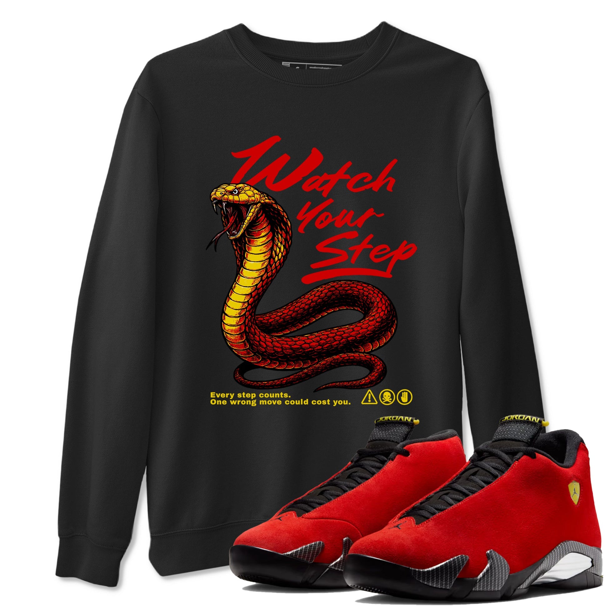 Watch Your Step sneaker match t-shirt styled to complete your fit with the Air Jordan 14 Challenge Red sneakers, AJ14 Ferrari, shown in Black 1.