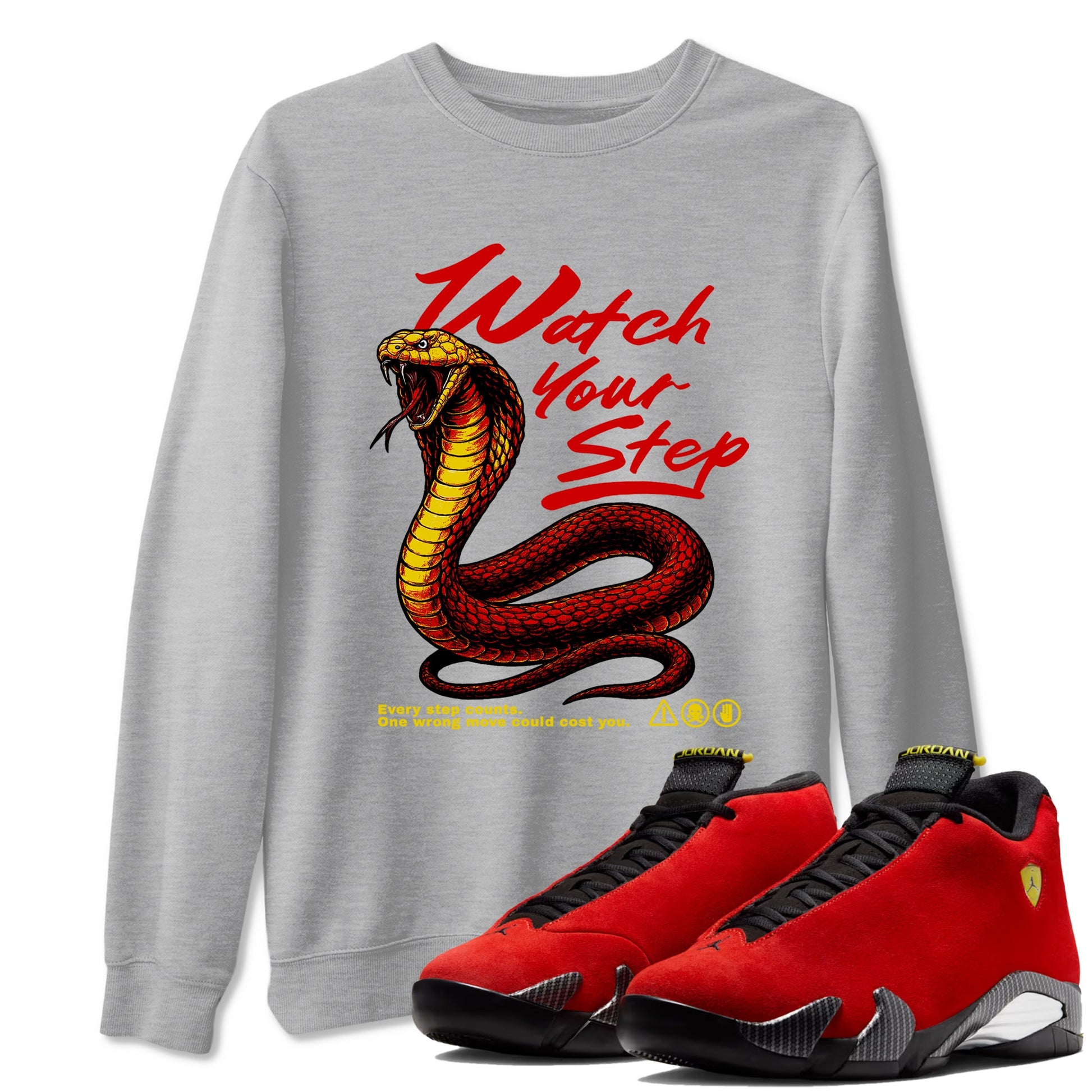 Watch Your Step sneaker match t-shirt styled to complete your fit with the Air Jordan 14 Challenge Red sneakers, AJ14 Ferrari, shown in Heather Grey 1.