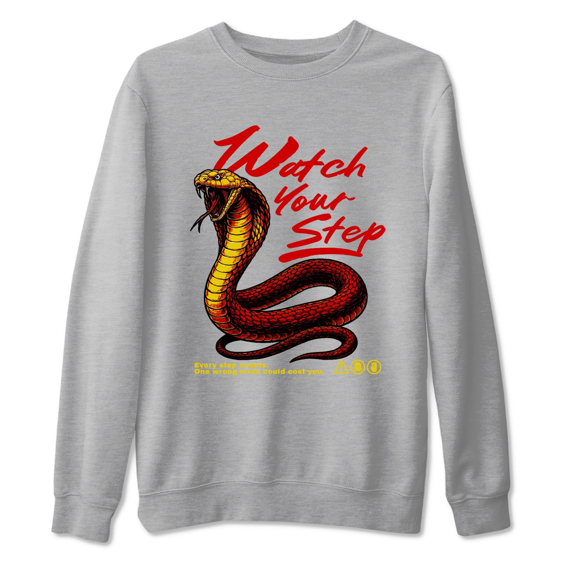 Watch Your Step sneaker match t-shirt styled to complete your fit with the Air Jordan 14 Challenge Red sneakers, AJ14 Ferrari, shown in Heather Grey 2.