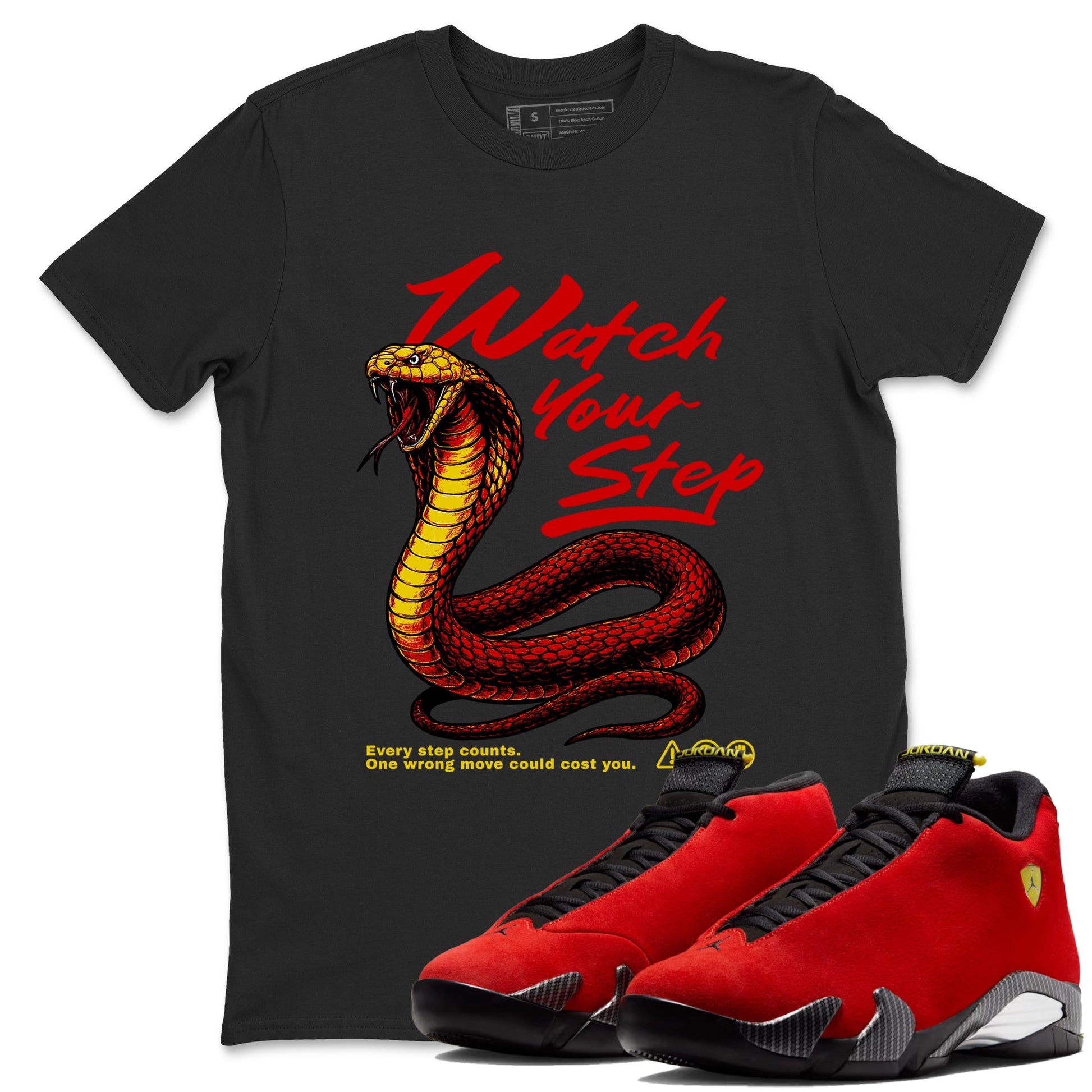 Watch Your Step sneaker match t-shirt styled to complete your fit with the Air Jordan 14 Challenge Red sneakers, AJ14 Ferrari, shown in Black 1.