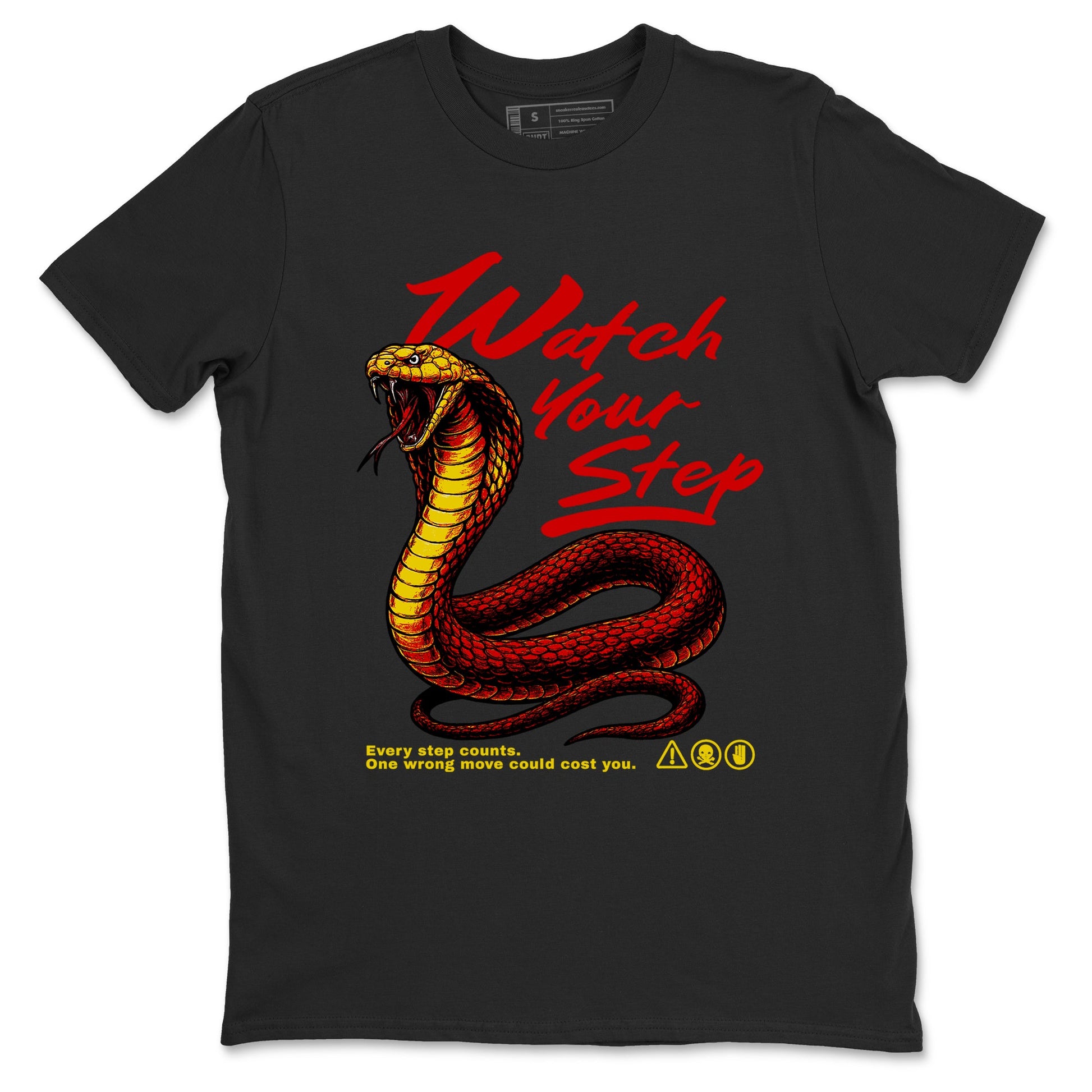 Watch Your Step sneaker match t-shirt styled to complete your fit with the Air Jordan 14 Challenge Red sneakers, AJ14 Ferrari, shown in Black 2.
