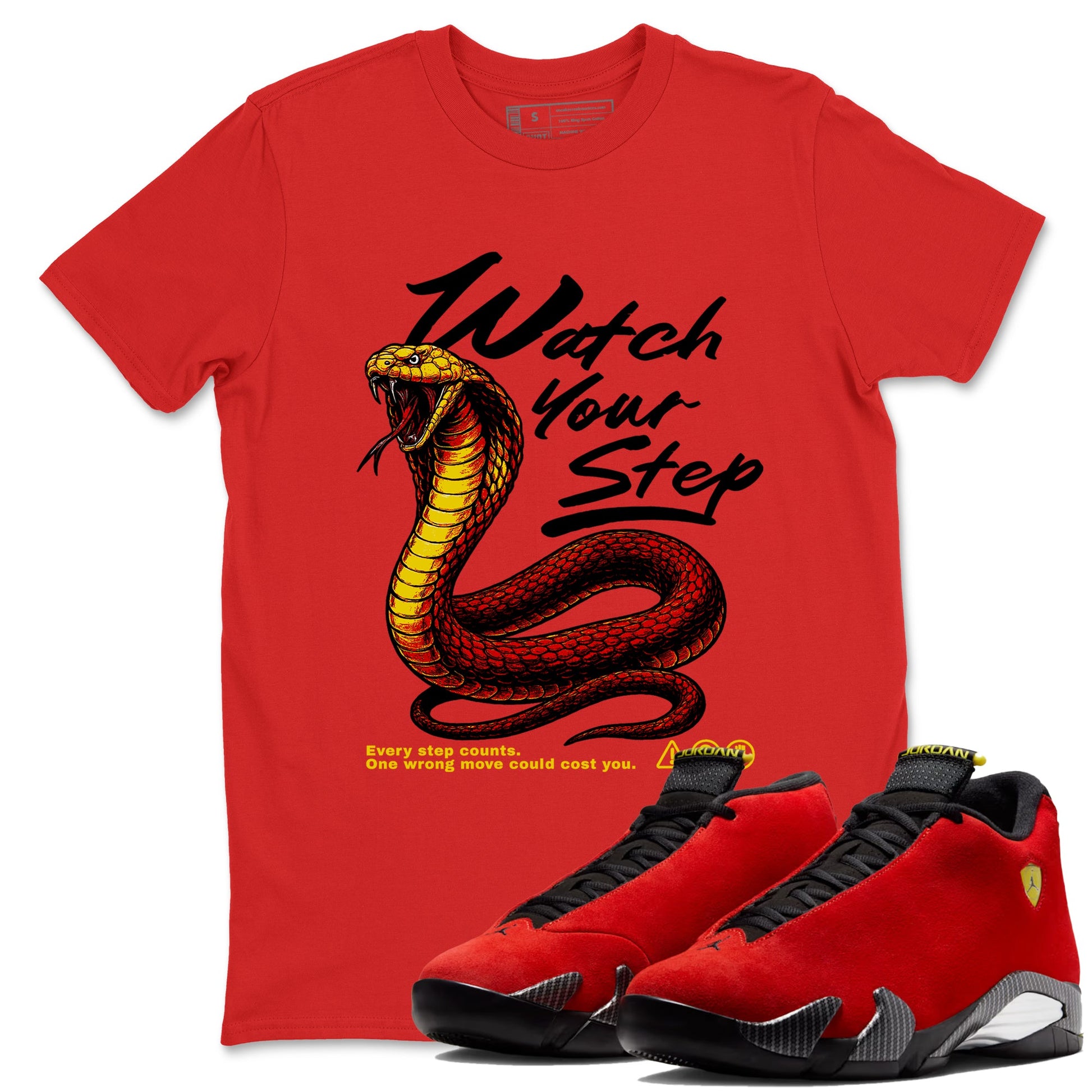 Watch Your Step sneaker match t-shirt styled to complete your fit with the Air Jordan 14 Challenge Red sneakers, AJ14 Ferrari, shown in Red 1.