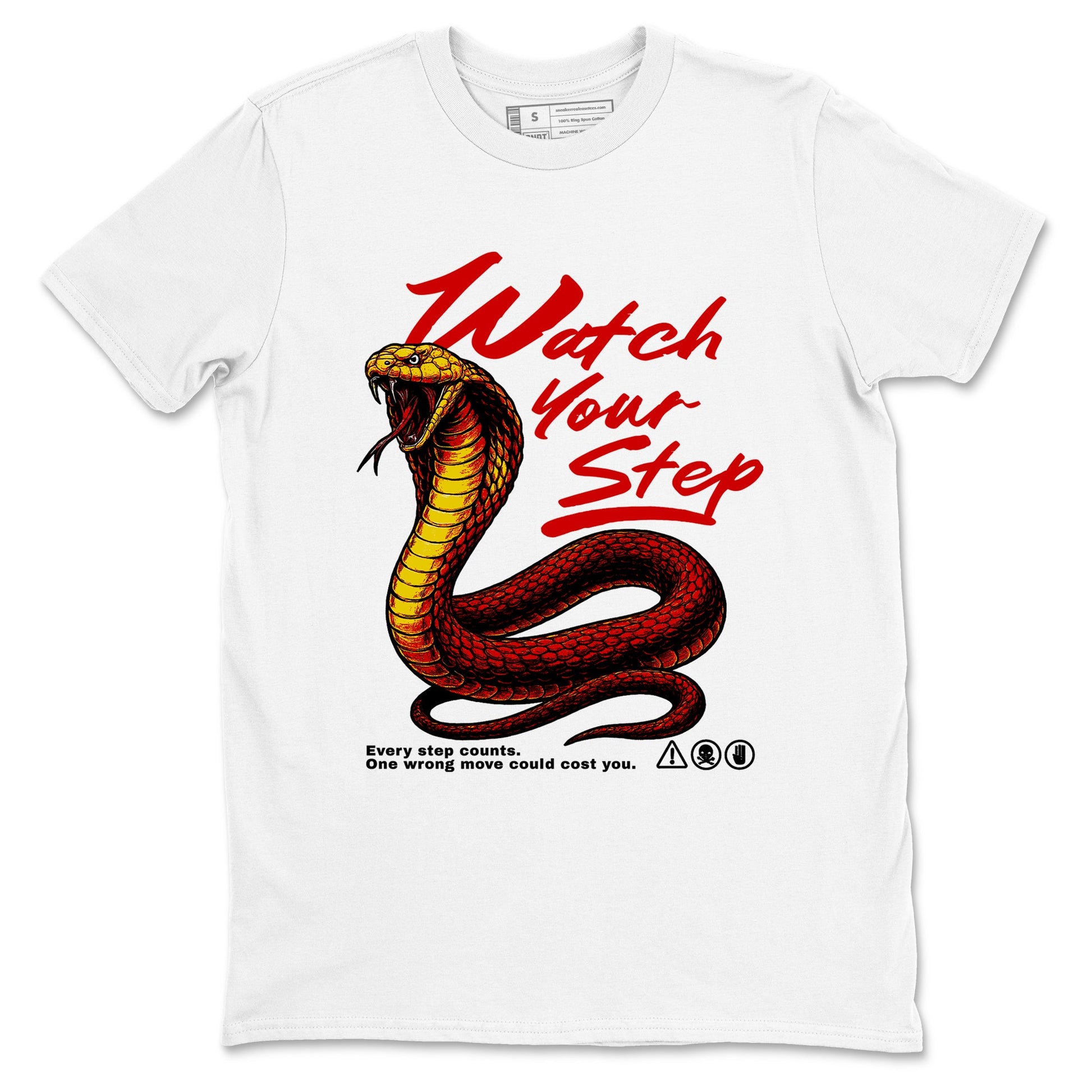 Watch Your Step sneaker match t-shirt styled to complete your fit with the Air Jordan 14 Challenge Red sneakers, AJ14 Ferrari, shown in White 2.