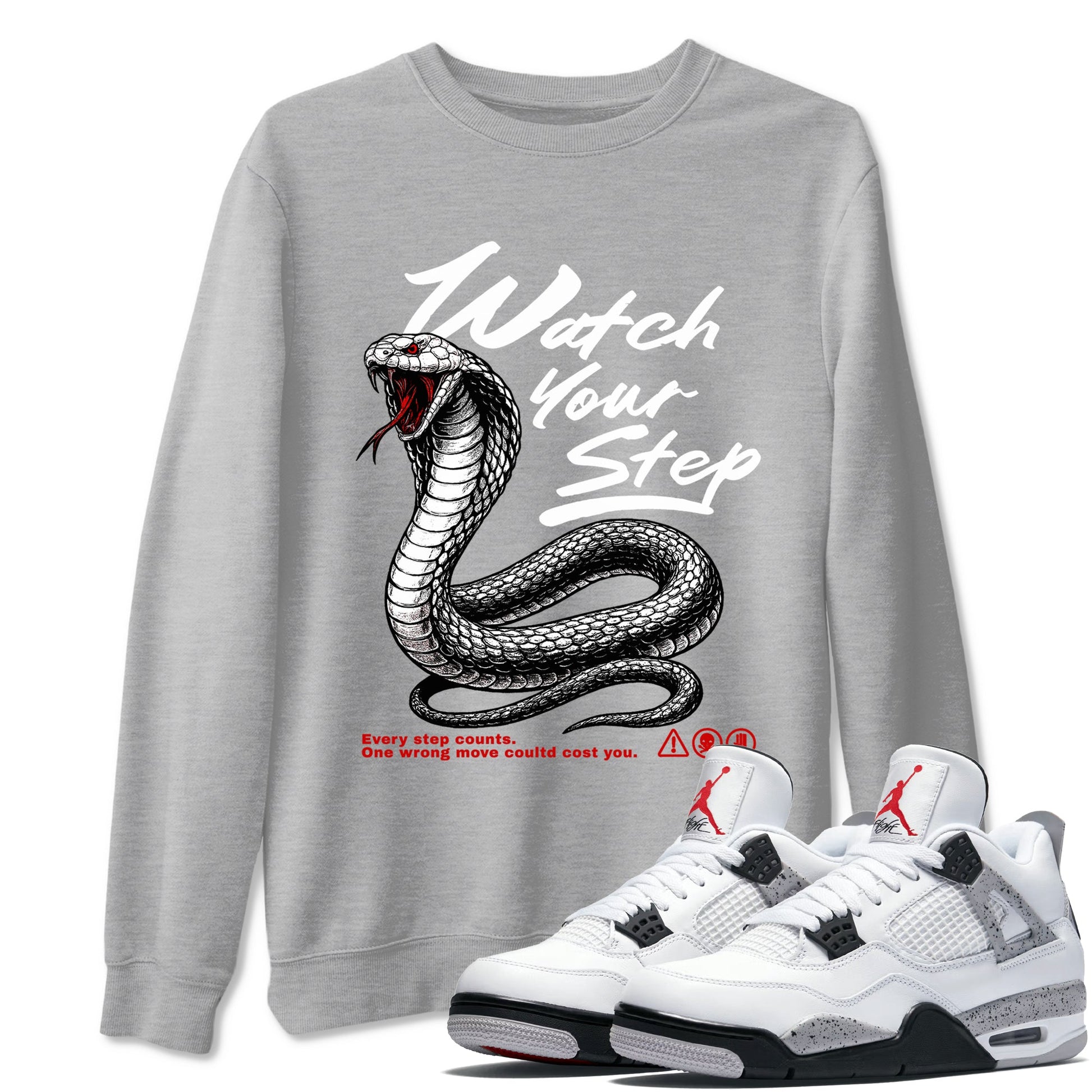 4s White Cement shirts to match jordans Watch Your Step sneaker match tees AJ4 Retro OG White Cement match shoes to clothes SNRT Sneaker Tees unisex cotton Heather Grey 1 shirts