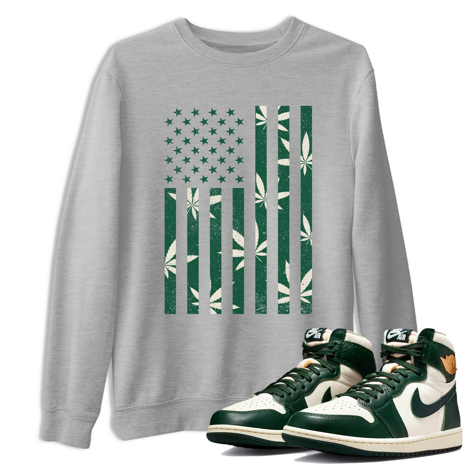 Sneaker Threads – Sneaker Tees To Match Air Jordan 1 Pro Green – Weed Flag Graphic Tee Heather Grey 1. Perfect for Jordan releases 2025 colorways.