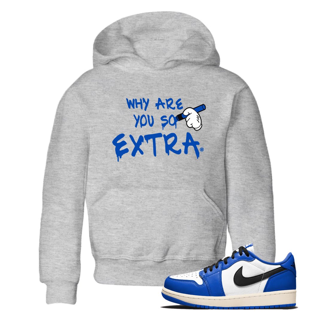1s Game Royal shirts to match jordans Why Are You So Extra sneaker match tees Air Jordan 1 Retro Low OG Game Royal match shoes to clothes SNRT Sneaker Tees Youth Baby Heather Grey 1 tee