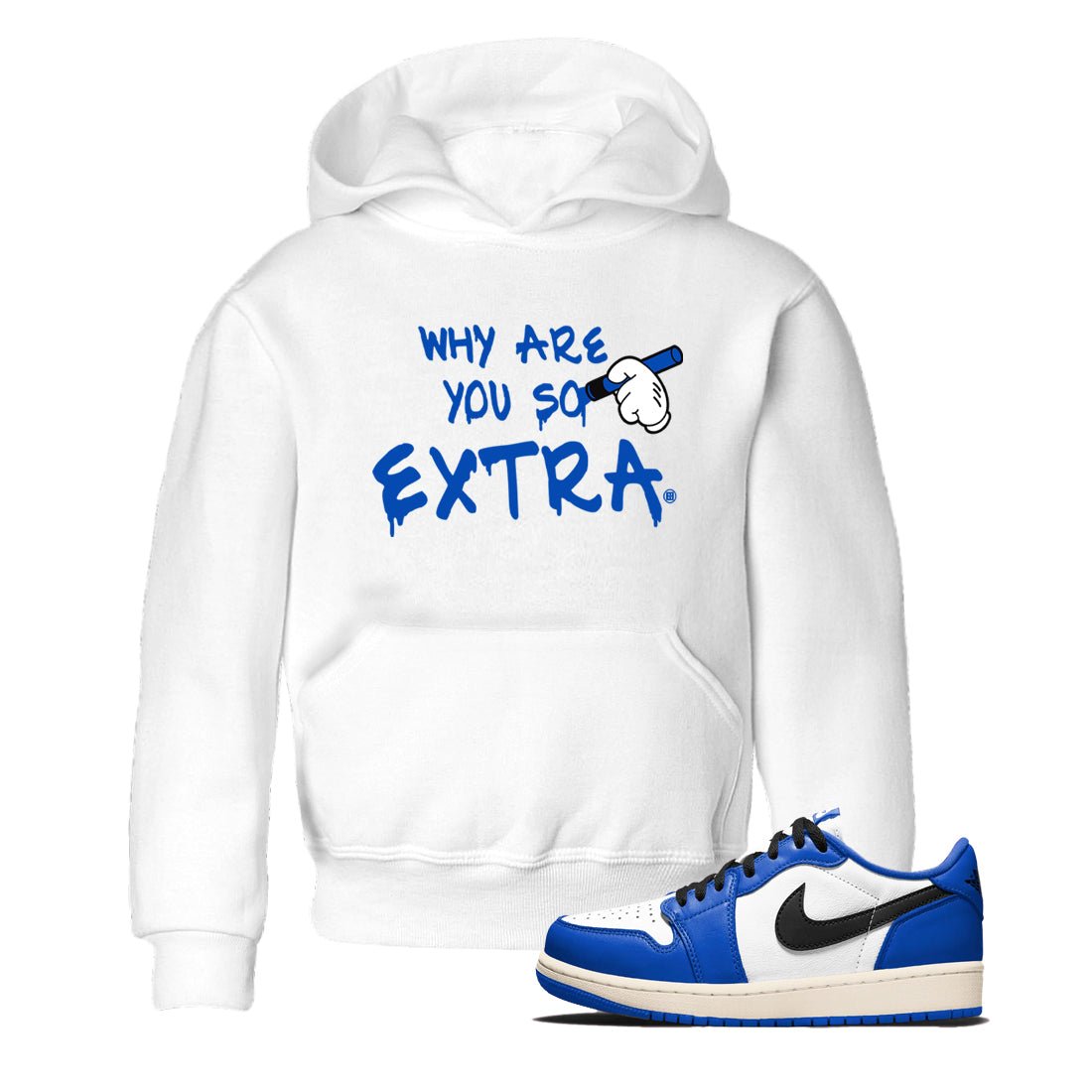 1s Game Royal shirts to match jordans Why Are You So Extra sneaker match tees Air Jordan 1 Retro Low OG Game Royal match shoes to clothes SNRT Sneaker Tees Youth Baby White 1 tee