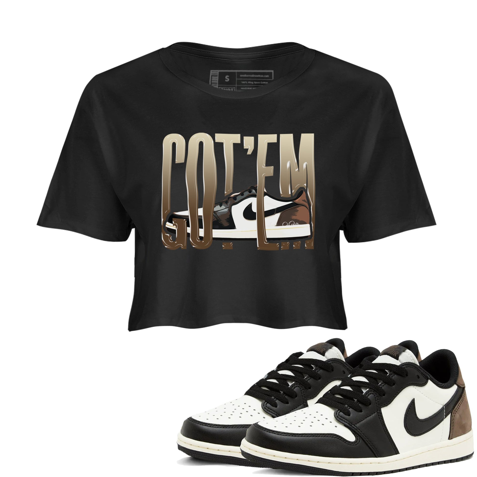 1s Low OG Mocha shirts to match jordans Wiggling Gotem sneaker match tees Air Jordan 1 Mocha match shoes to clothes SNRT Sneaker Tees unisex cotton Black 1 crop tee