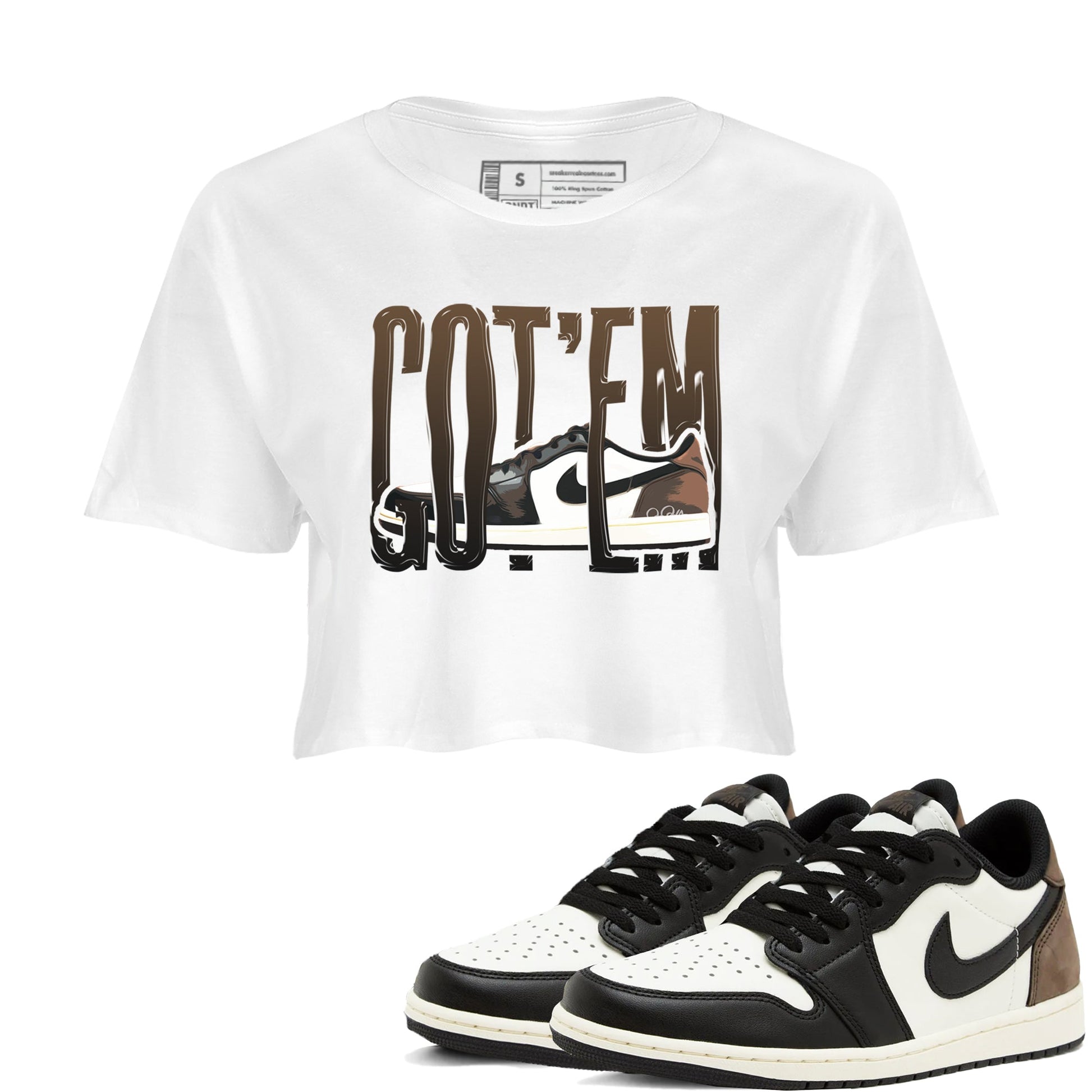 1s Low OG Mocha shirts to match jordans Wiggling Gotem sneaker match tees Air Jordan 1 Mocha match shoes to clothes SNRT Sneaker Tees unisex cotton White 1 crop tee