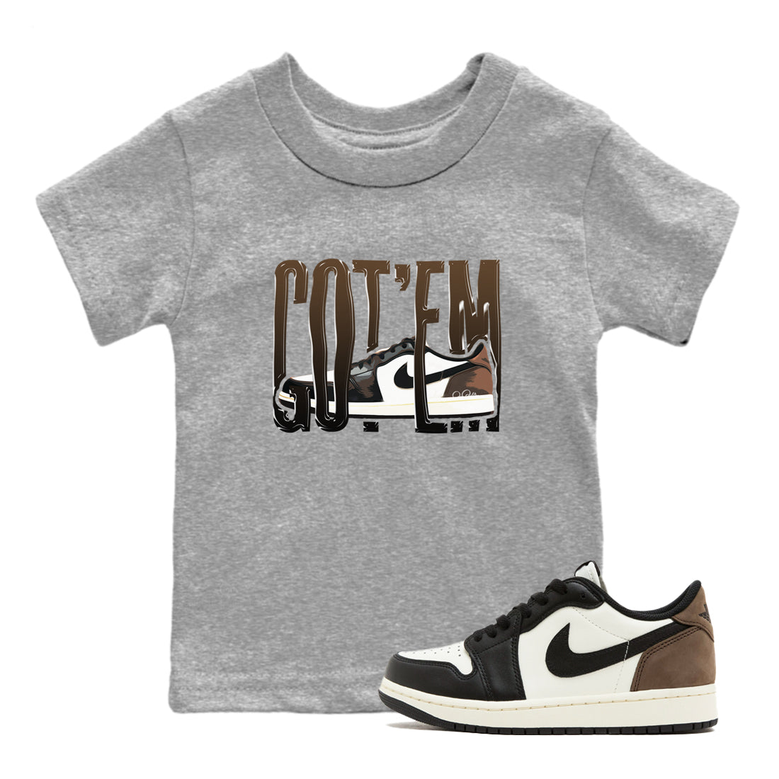 1s Low OG Mocha shirts to match jordans Wiggling Gotem sneaker match tees Air Jordan 1 Mocha match shoes to clothes SNRT Sneaker Tees Youth Baby Heather Grey 1 tee