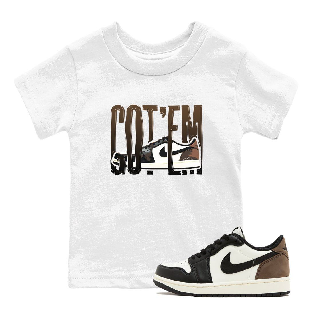 1s Low OG Mocha shirts to match jordans Wiggling Gotem sneaker match tees Air Jordan 1 Mocha match shoes to clothes SNRT Sneaker Tees Youth Baby White 1 tee