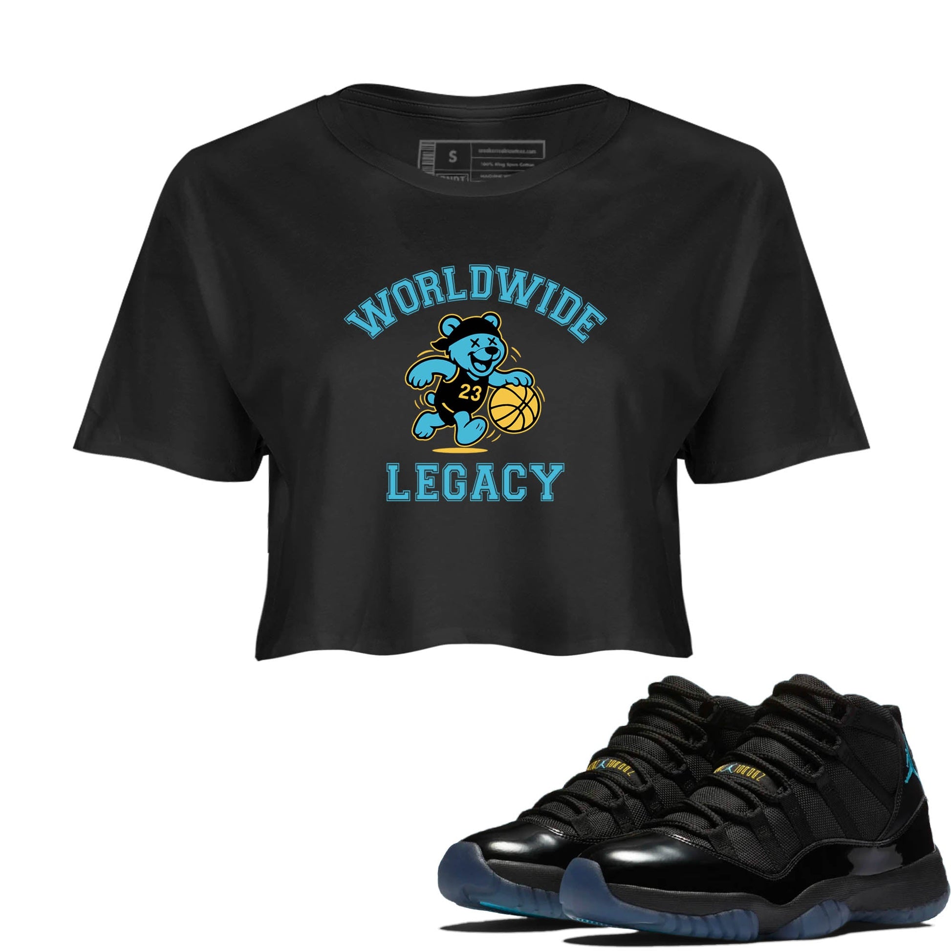 Sneaker Threads – Sneaker Tees To Match Air Jordan 11 Retro Gamma – Worldwide Legacy Crop Tee Black 1. Perfect for Jordan releases 2025 colorways.