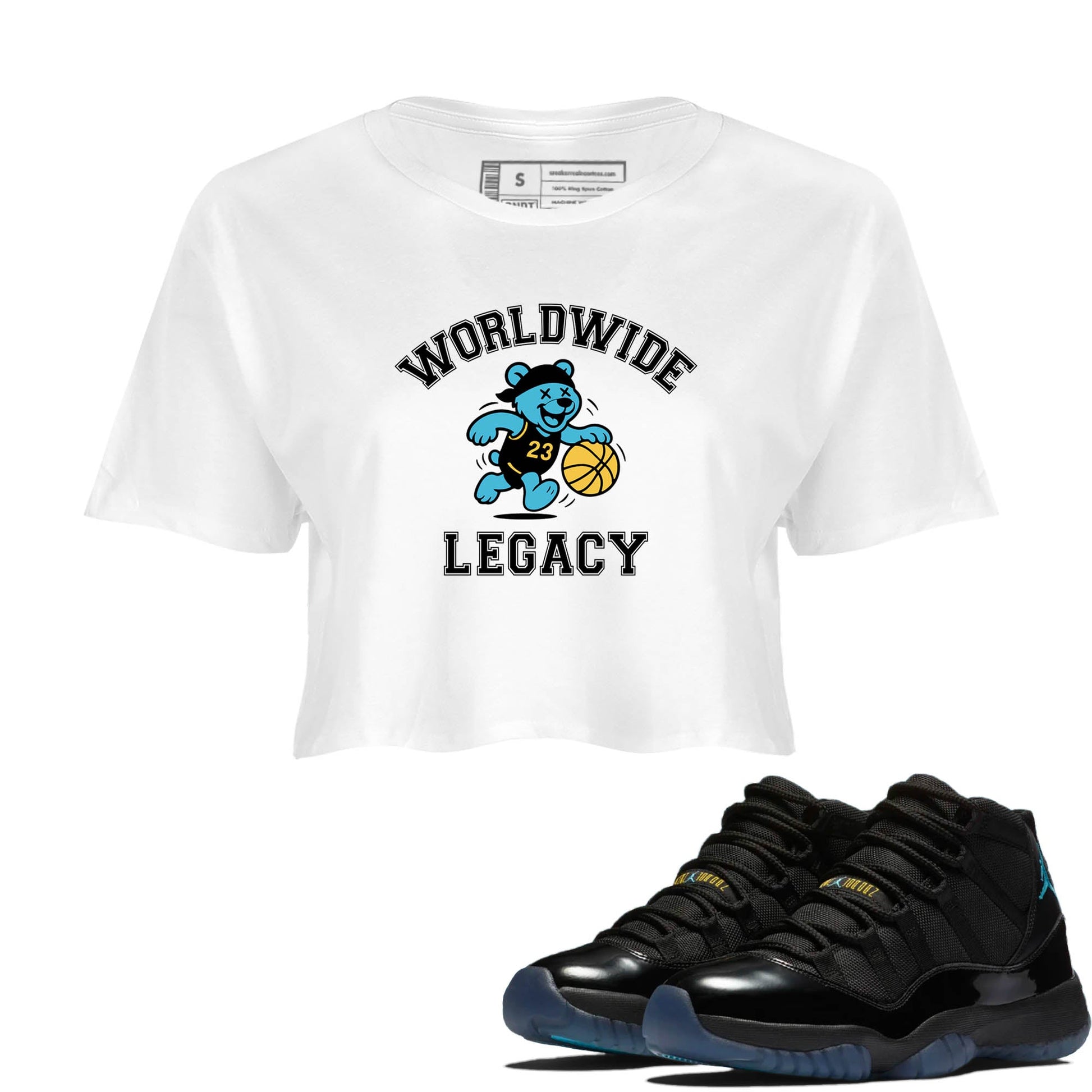 Sneaker Threads – Sneaker Tees To Match Air Jordan 11 Retro Gamma – Worldwide Legacy Crop Tee White 1. Perfect for Jordan releases 2025 colorways.