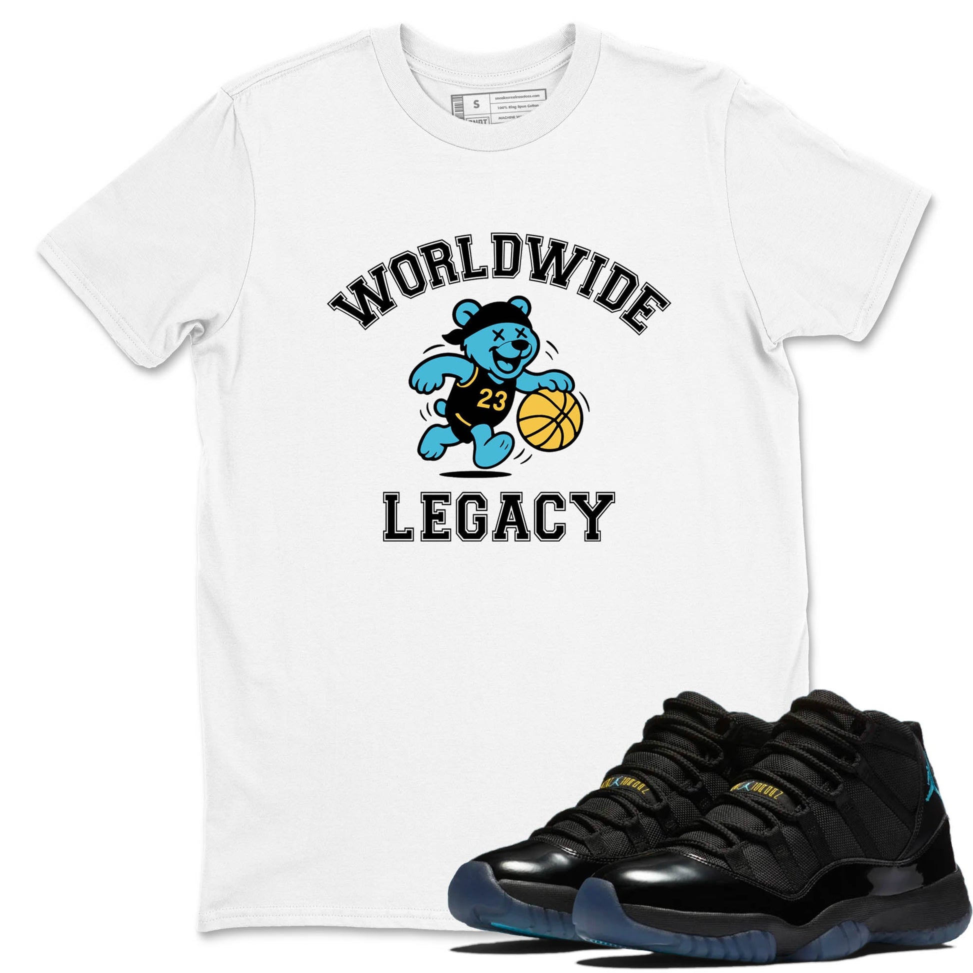 Sneaker Threads – Sneaker Tees To Match Air Jordan 11 Retro Gamma – Worldwide Legacy Graphic Tee White 1. Perfect for Jordan releases 2025 colorways.