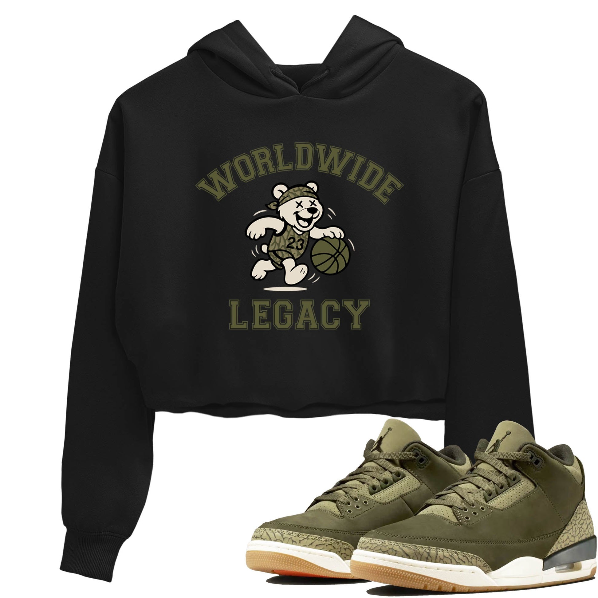 Sneaker Threads – Sneaker Tees To Match Air Jordan 3 Medium Olive – Worldwide Legacy Crop Tee Black 1. Perfect for Jordan releases 2025 colorways.