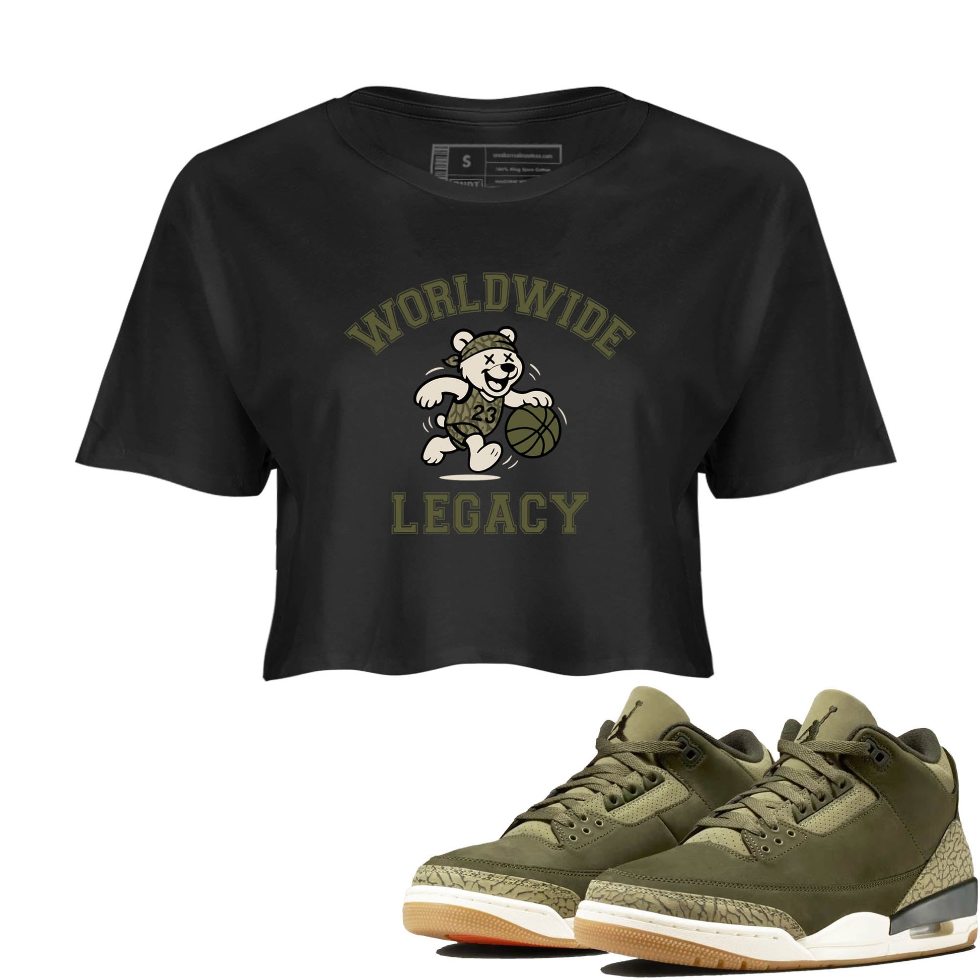 Sneaker Threads – Sneaker Tees To Match Air Jordan 3 Medium Olive – Worldwide Legacy Crop Tee Black 1. Perfect for Jordan releases 2025 colorways.