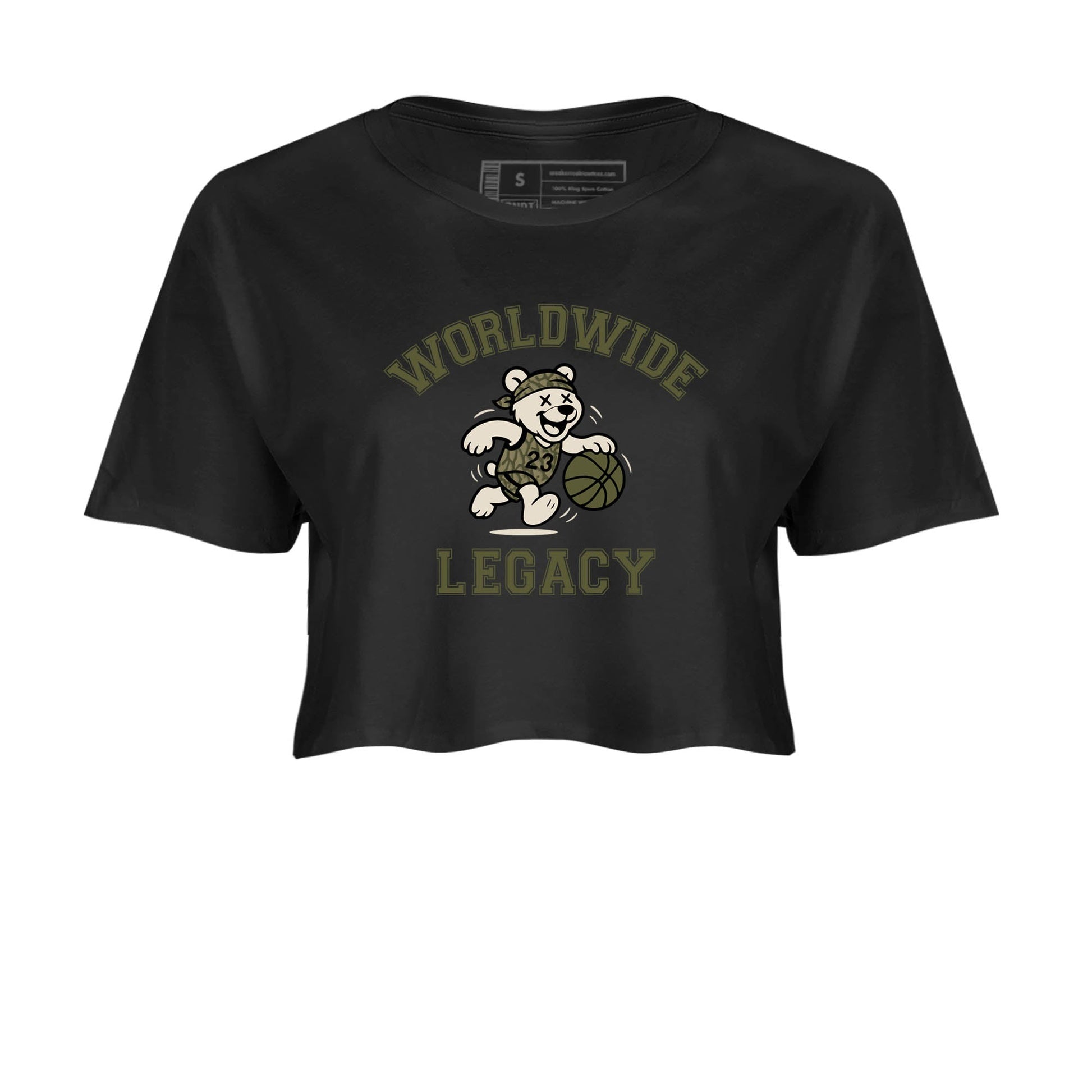 Sneaker Threads – Sneaker Tees To Match Air Jordan 3 Medium Olive – Worldwide Legacy Crop Tee Black 2. Perfect for Jordan releases 2025 colorways.