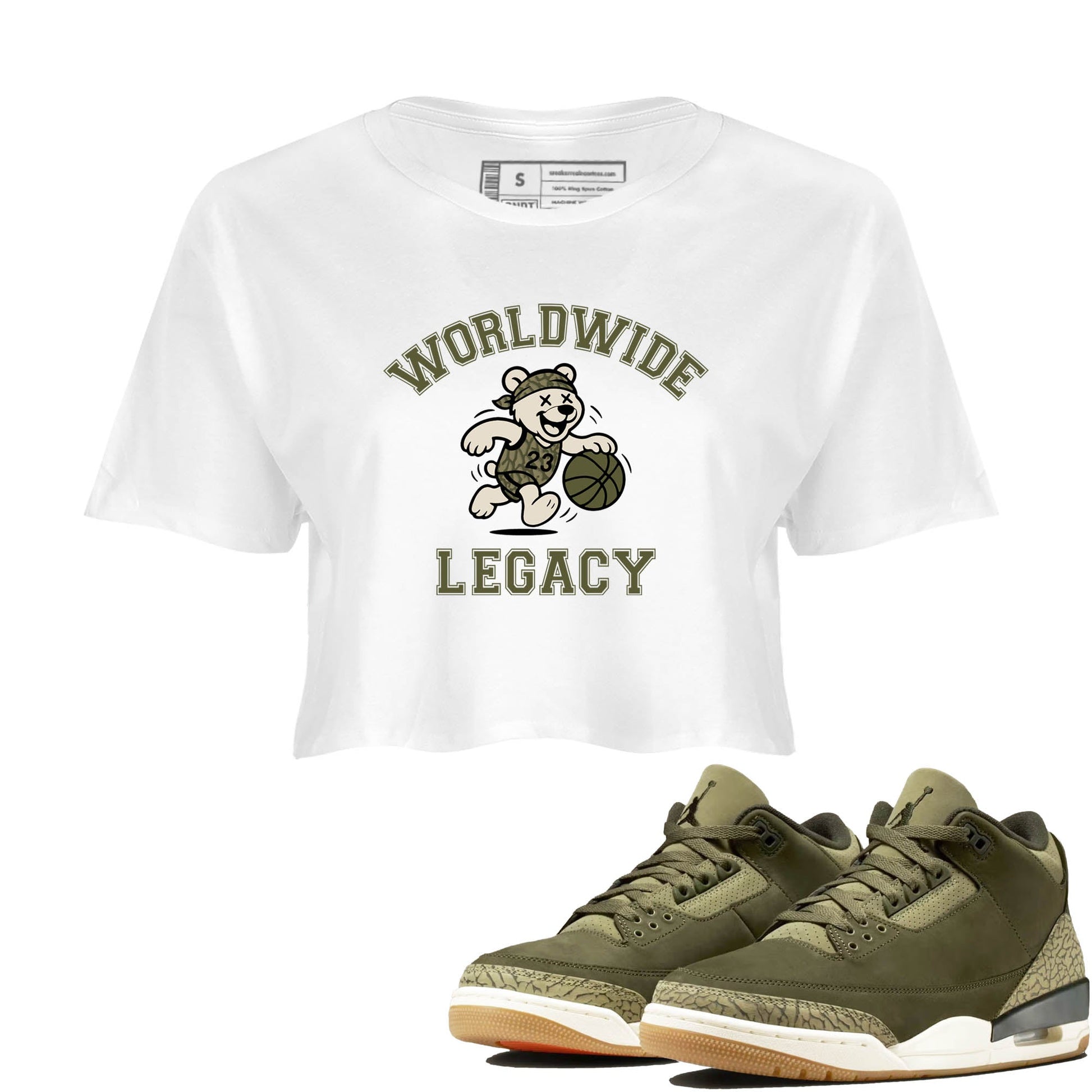 Sneaker Threads – Sneaker Tees To Match Air Jordan 3 Medium Olive – Worldwide Legacy Crop Tee White 1. Perfect for Jordan releases 2025 colorways.