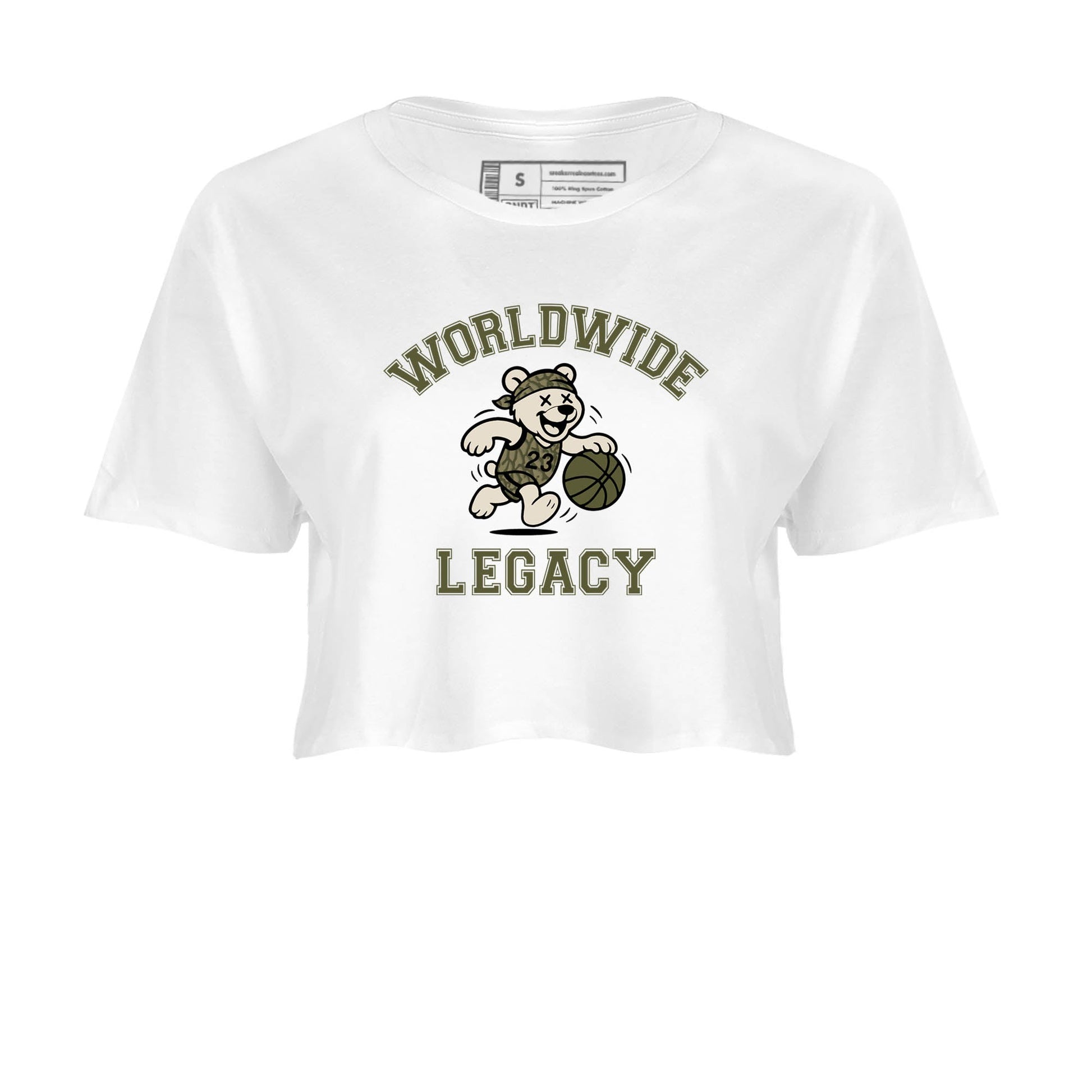 Sneaker Threads – Sneaker Tees To Match Air Jordan 3 Medium Olive – Worldwide Legacy Crop Tee White 2. Perfect for Jordan releases 2025 colorways.