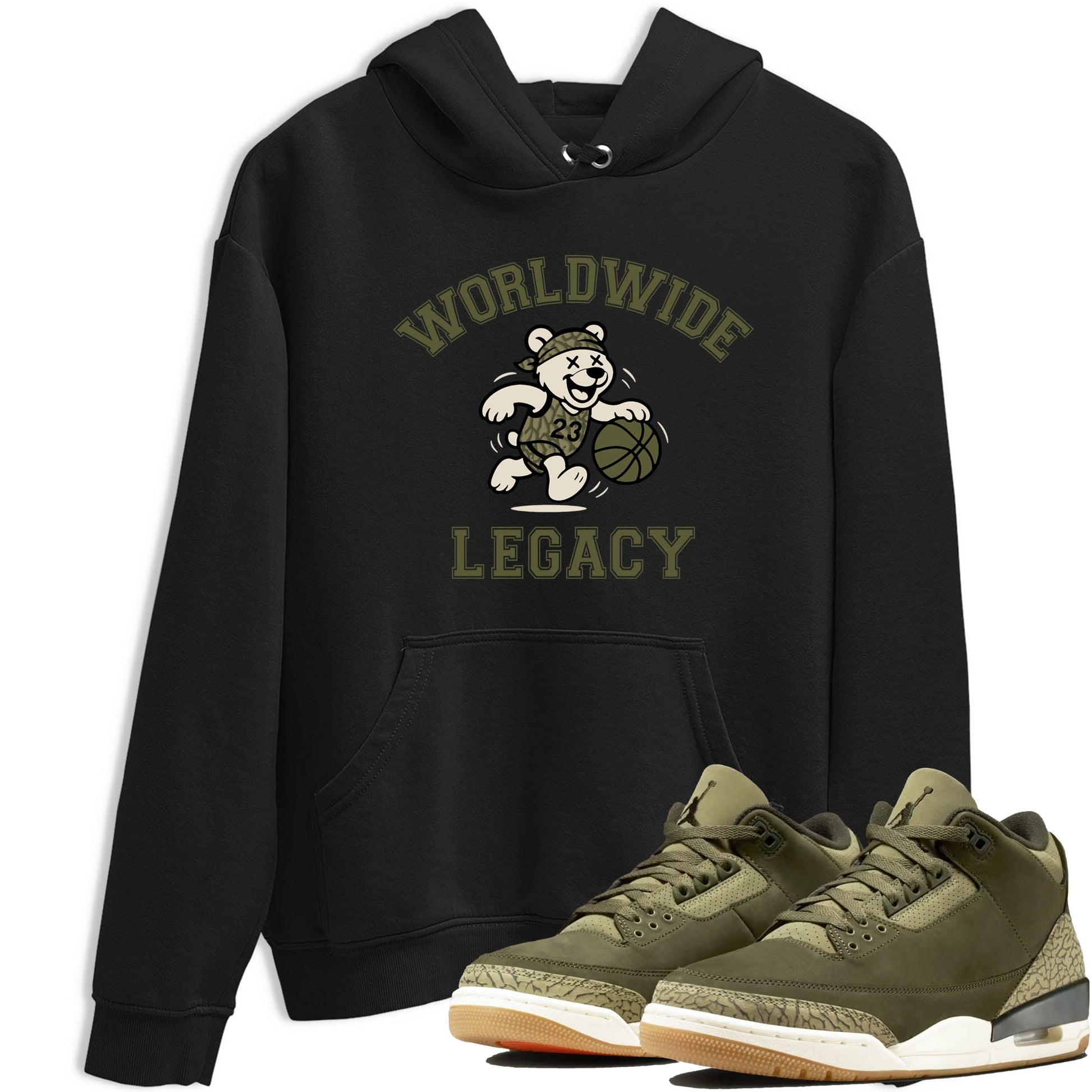Sneaker Threads – Sneaker Tees To Match Air Jordan 3 Medium Olive – Worldwide Legacy Graphic Tee Black 1. Perfect for Jordan releases 2025 colorways.