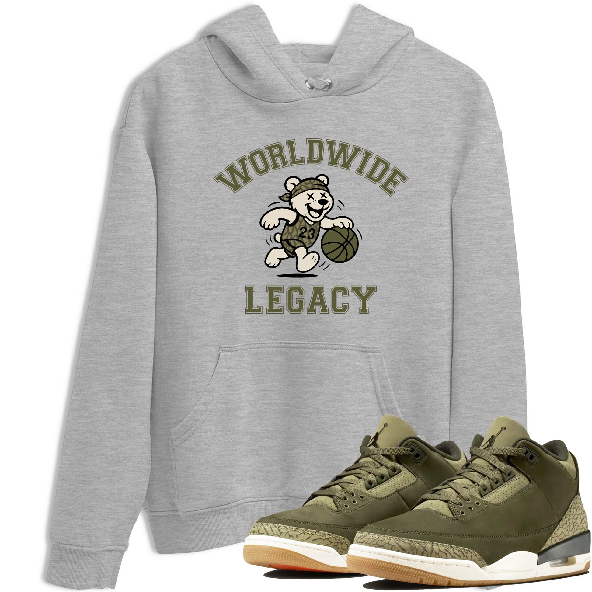 Sneaker Threads – Sneaker Tees To Match Air Jordan 3 Medium Olive – Worldwide Legacy Graphic Tee Heather Grey 1. Perfect for Jordan releases 2025 colorways.