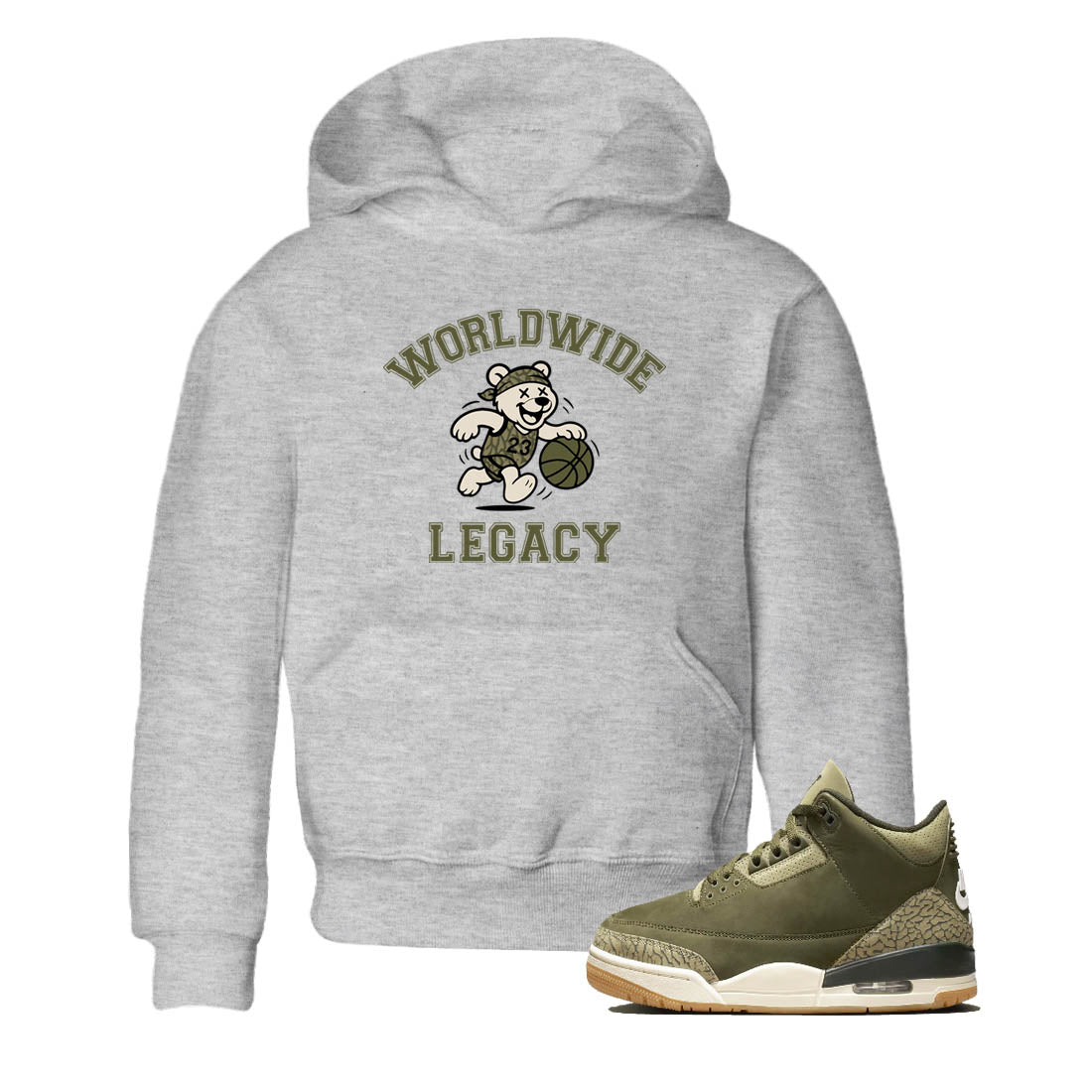 Sneaker Threads – Sneaker Tees To Match Air Jordan 3 Medium Olive – Worldwide Legacy Youth Graphic Tee Heather Grey 1. Perfect for Jordan releases 2025 colorways.