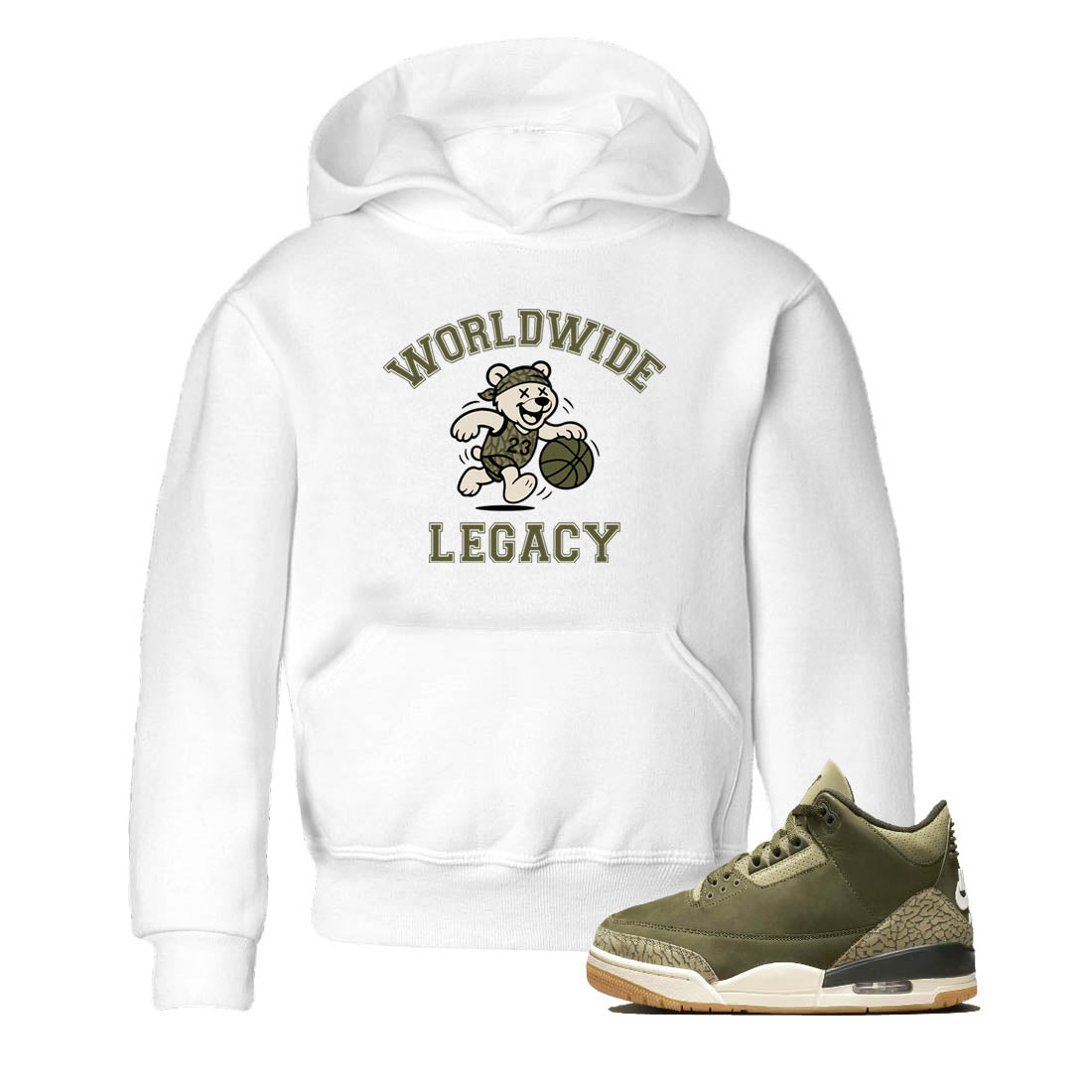 Sneaker Threads – Sneaker Tees To Match Air Jordan 3 Medium Olive – Worldwide Legacy Youth Graphic Tee White 1. Perfect for Jordan releases 2025 colorways.