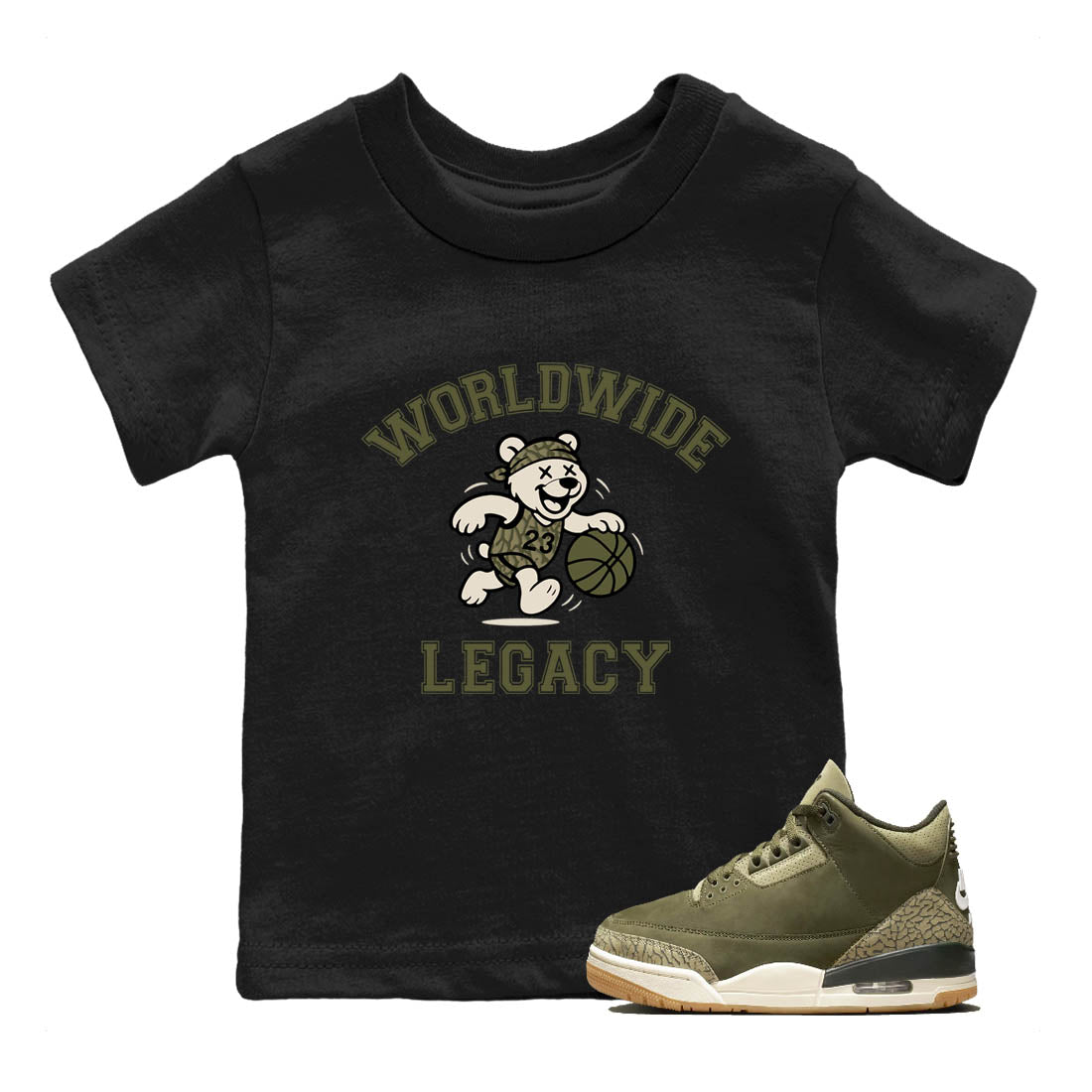 Sneaker Threads – Sneaker Tees To Match Air Jordan 3 Medium Olive – Worldwide Legacy Youth Graphic Tee Black 1. Perfect for Jordan releases 2025 colorways.