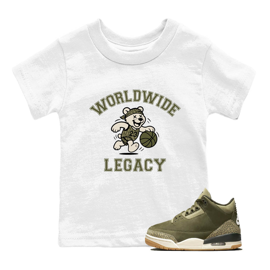 Sneaker Threads – Sneaker Tees To Match Air Jordan 3 Medium Olive – Worldwide Legacy Youth Graphic Tee White 1. Perfect for Jordan releases 2025 colorways.