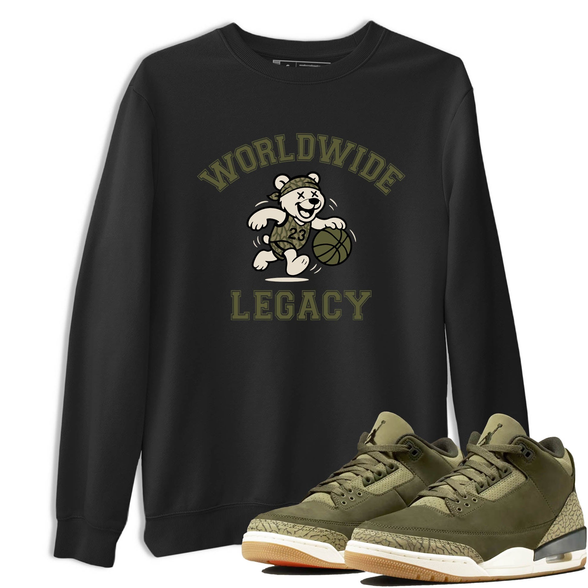 Sneaker Threads – Sneaker Tees To Match Air Jordan 3 Medium Olive – Worldwide Legacy Graphic Tee Black 1. Perfect for Jordan releases 2025 colorways.
