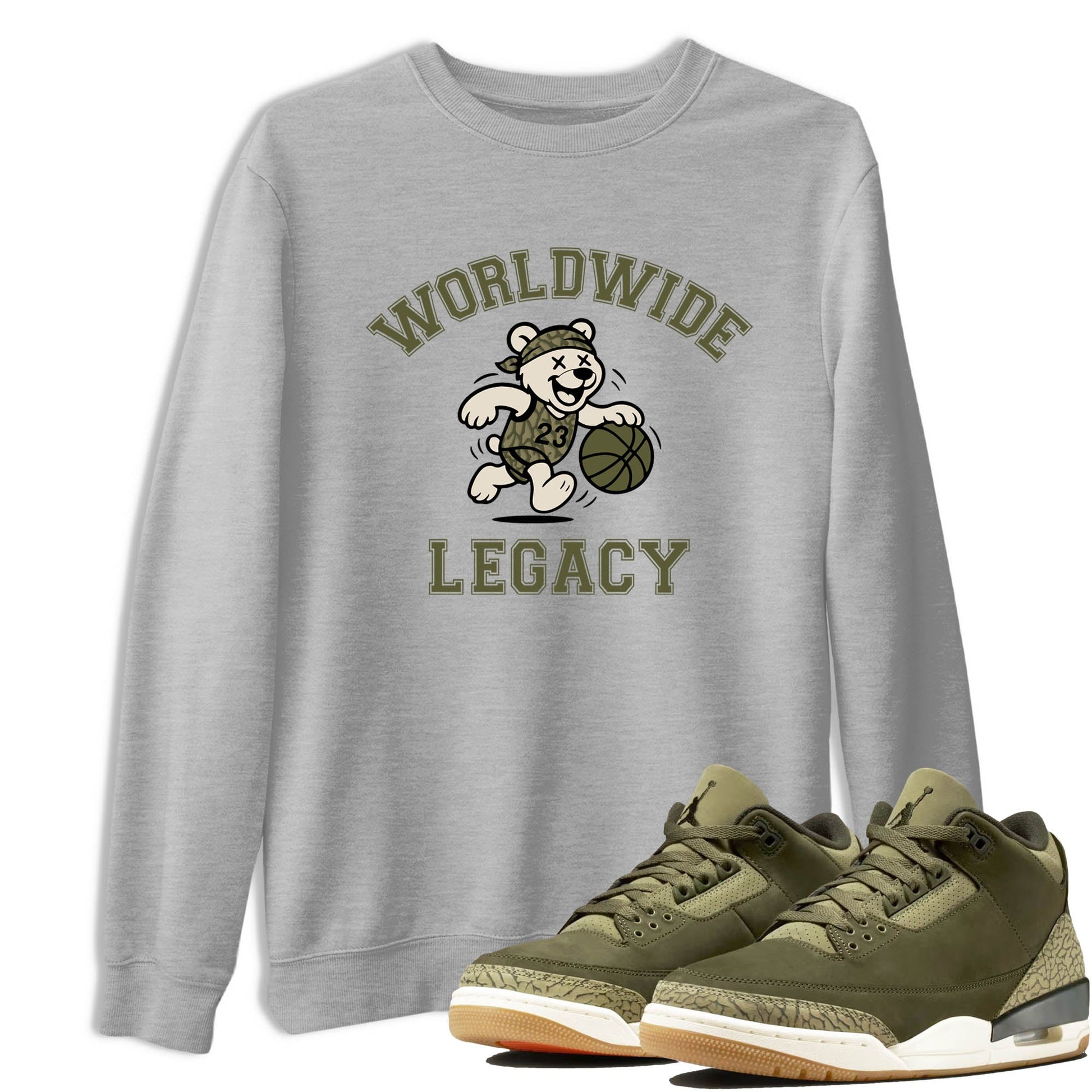 Sneaker Threads – Sneaker Tees To Match Air Jordan 3 Medium Olive – Worldwide Legacy Graphic Tee Heather Grey 1. Perfect for Jordan releases 2025 colorways.