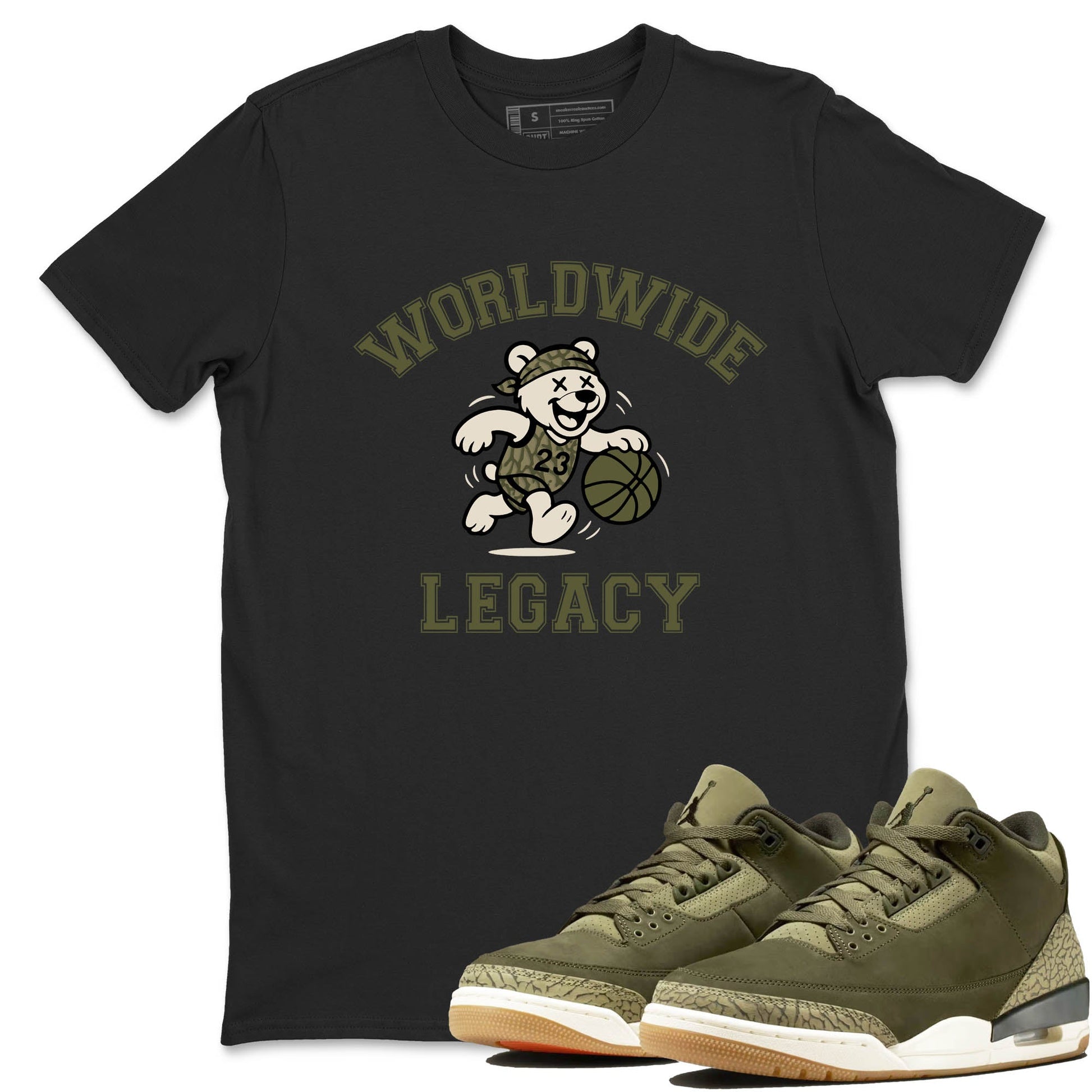 Sneaker Threads – Sneaker Tees To Match Air Jordan 3 Medium Olive – Worldwide Legacy Graphic Tee Black 1. Perfect for Jordan releases 2025 colorways.