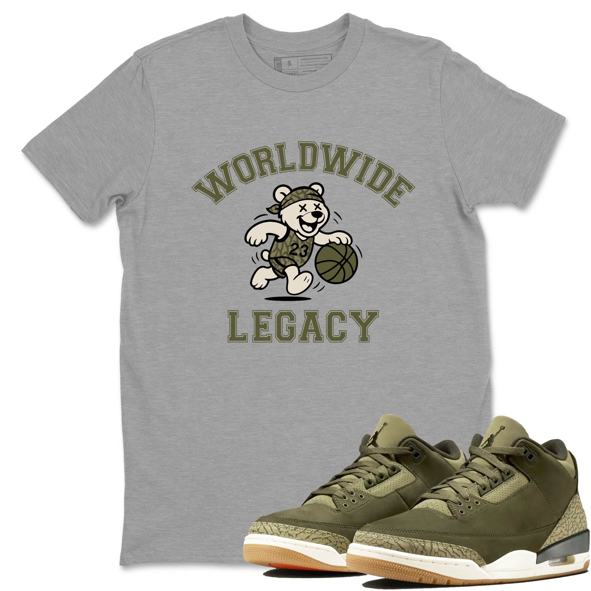 Sneaker Threads – Sneaker Tees To Match Air Jordan 3 Medium Olive – Worldwide Legacy Graphic Tee Heather Grey 1. Perfect for Jordan releases 2025 colorways.