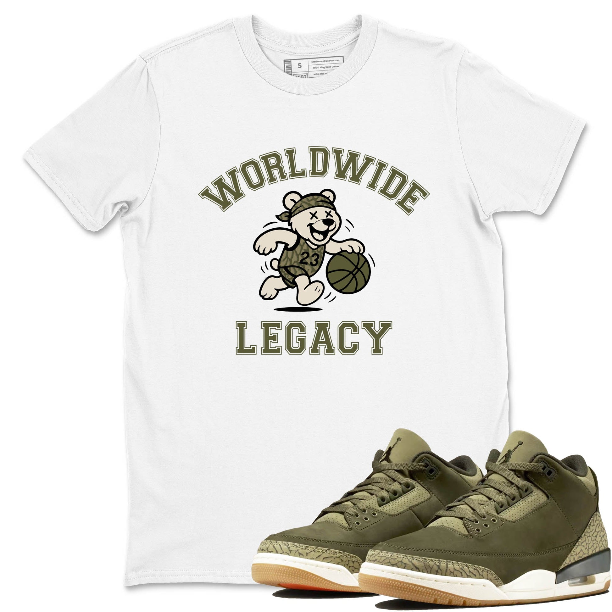 Sneaker Threads – Sneaker Tees To Match Air Jordan 3 Medium Olive – Worldwide Legacy Graphic Tee White 1. Perfect for Jordan releases 2025 colorways.