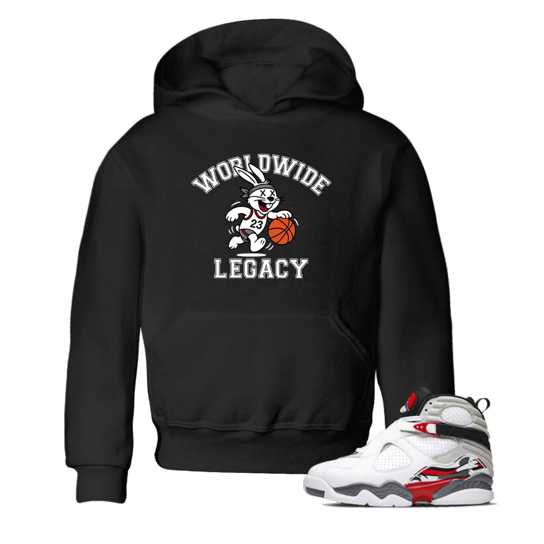 Sneaker Threads – Sneaker Tees To Match Air Jordan 8 Bunny – Worldwide Legacy Youth Graphic Tee Black 1. Perfect for Jordan releases 2025 colorways.
