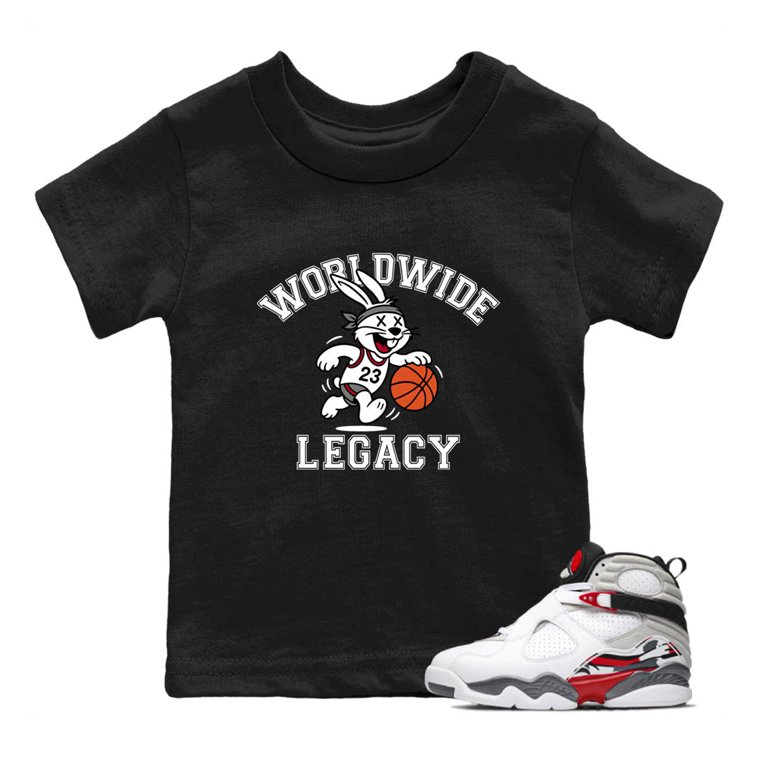 Sneaker Threads – Sneaker Tees To Match Air Jordan 8 Bunny – Worldwide Legacy Youth Graphic Tee Black 1. Perfect for Jordan releases 2025 colorways.