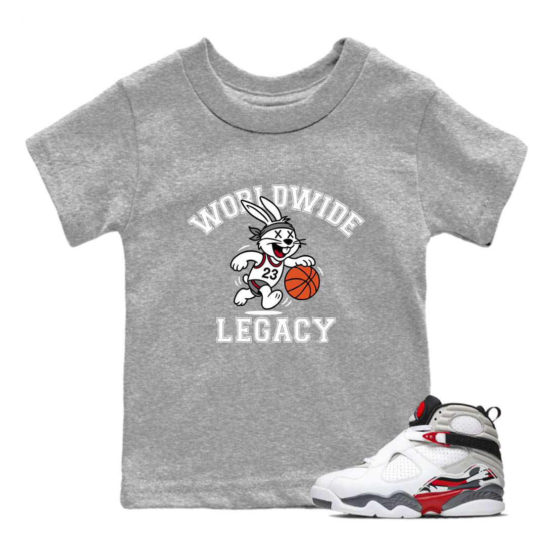 Sneaker Threads – Sneaker Tees To Match Air Jordan 8 Bunny – Worldwide Legacy Youth Graphic Tee Heather Grey 1. Perfect for Jordan releases 2025 colorways.