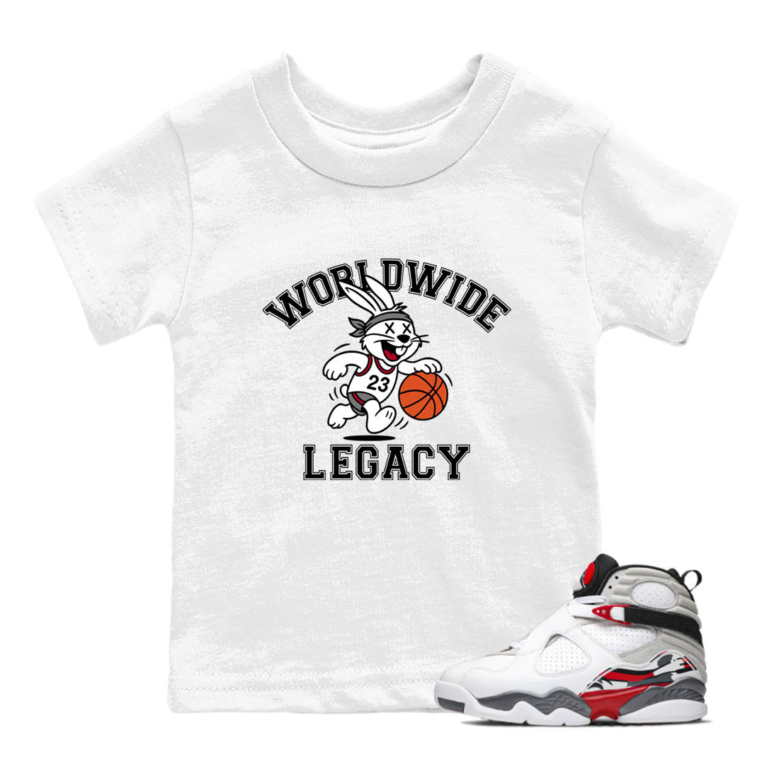 Sneaker Threads – Sneaker Tees To Match Air Jordan 8 Bunny – Worldwide Legacy Youth Graphic Tee White 1. Perfect for Jordan releases 2025 colorways.