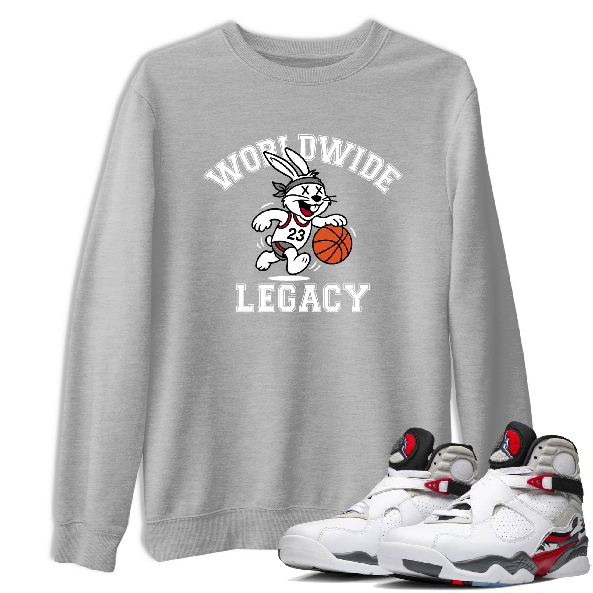 Sneaker Threads – Sneaker Tees To Match Air Jordan 8 Bunny – Worldwide Legacy Graphic Tee Heather Grey 1. Perfect for Jordan releases 2025 colorways.