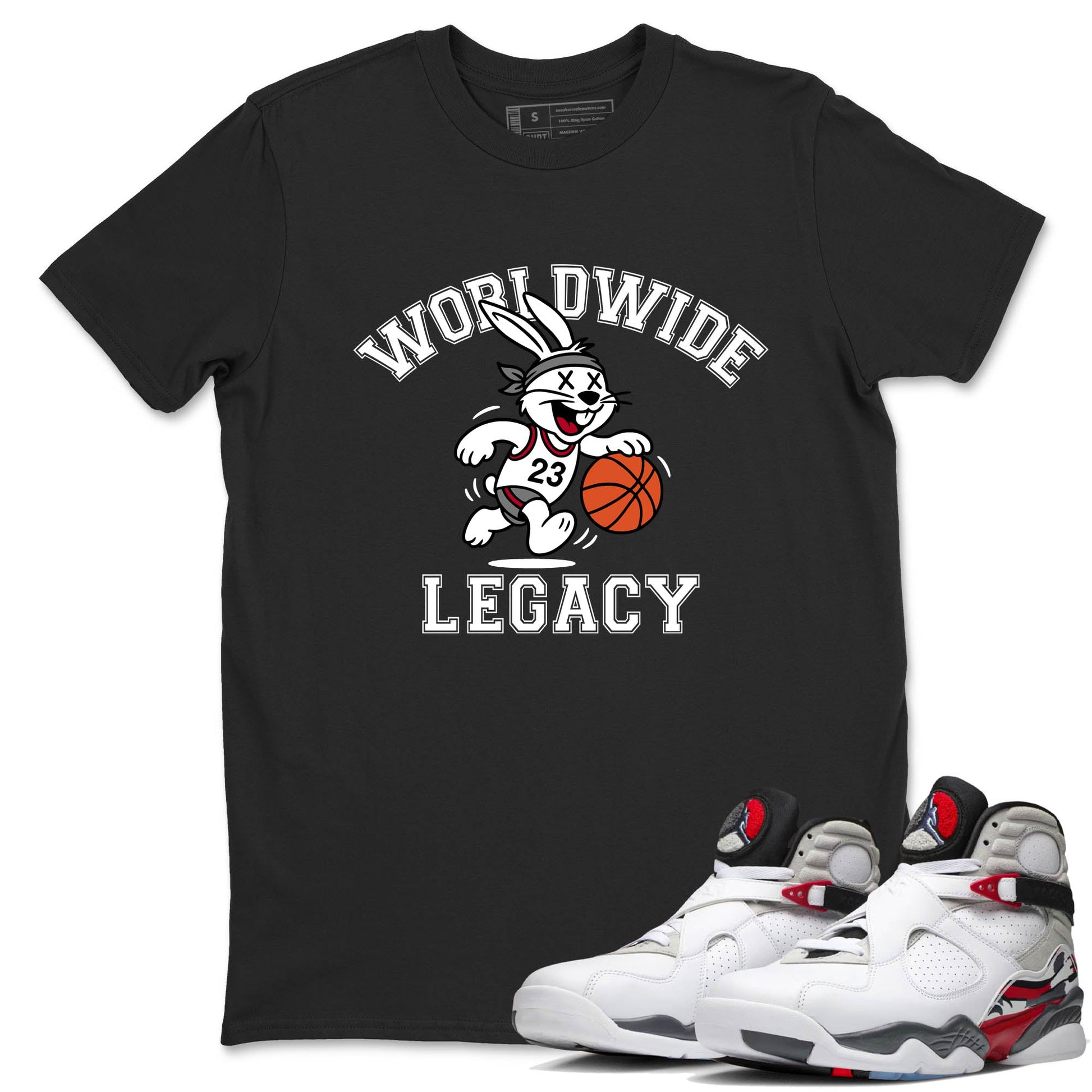 Sneaker Threads – Sneaker Tees To Match Air Jordan 8 Bunny – Worldwide Legacy Graphic Tee Black 1. Perfect for Jordan releases 2025 colorways.