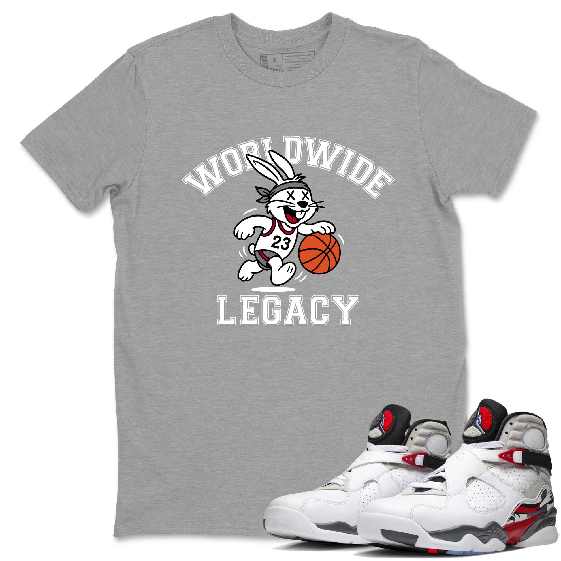 Sneaker Threads – Sneaker Tees To Match Air Jordan 8 Bunny – Worldwide Legacy Graphic Tee Heather Grey 1. Perfect for Jordan releases 2025 colorways.