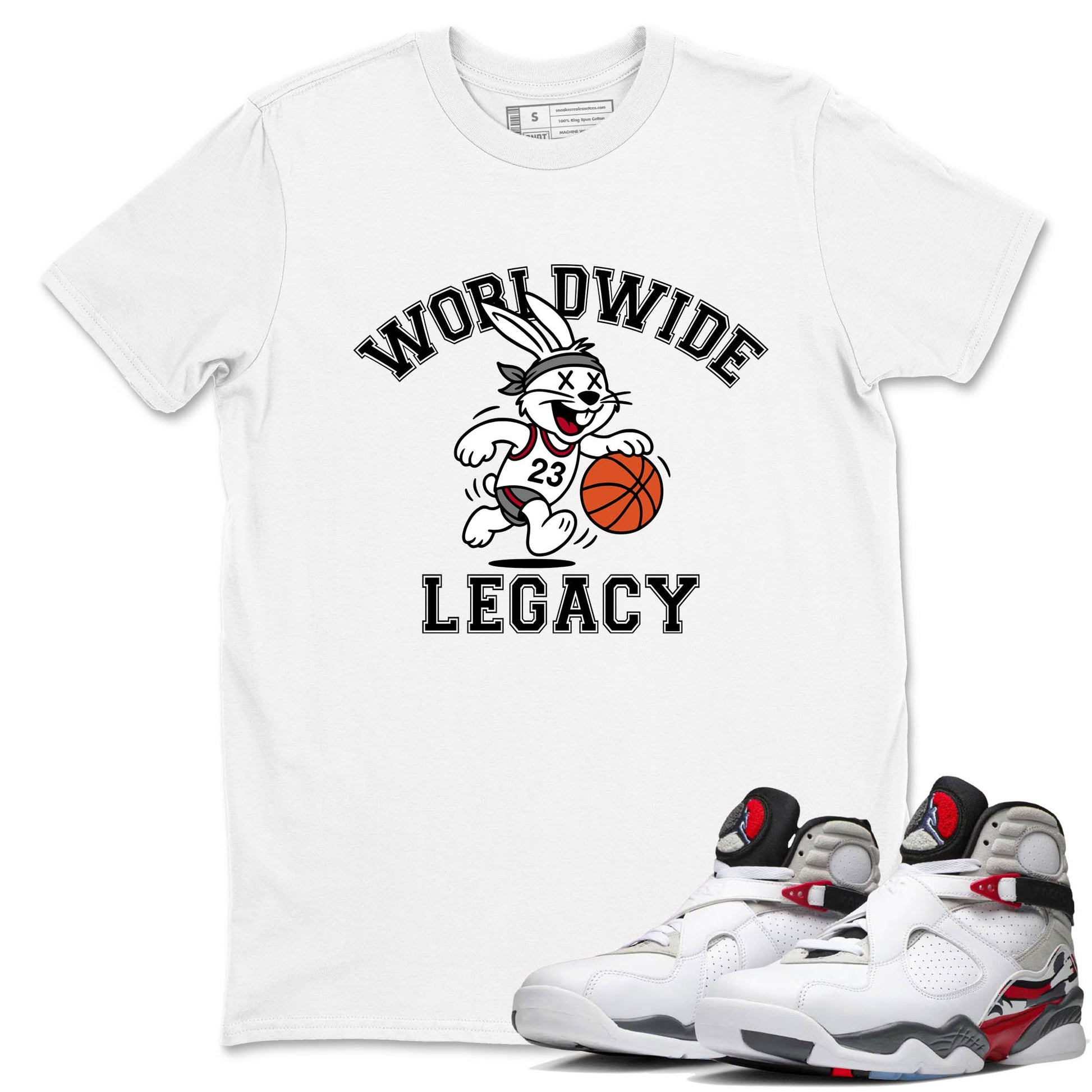 Sneaker Threads – Sneaker Tees To Match Air Jordan 8 Bunny – Worldwide Legacy Graphic Tee White 1. Perfect for Jordan releases 2025 colorways.