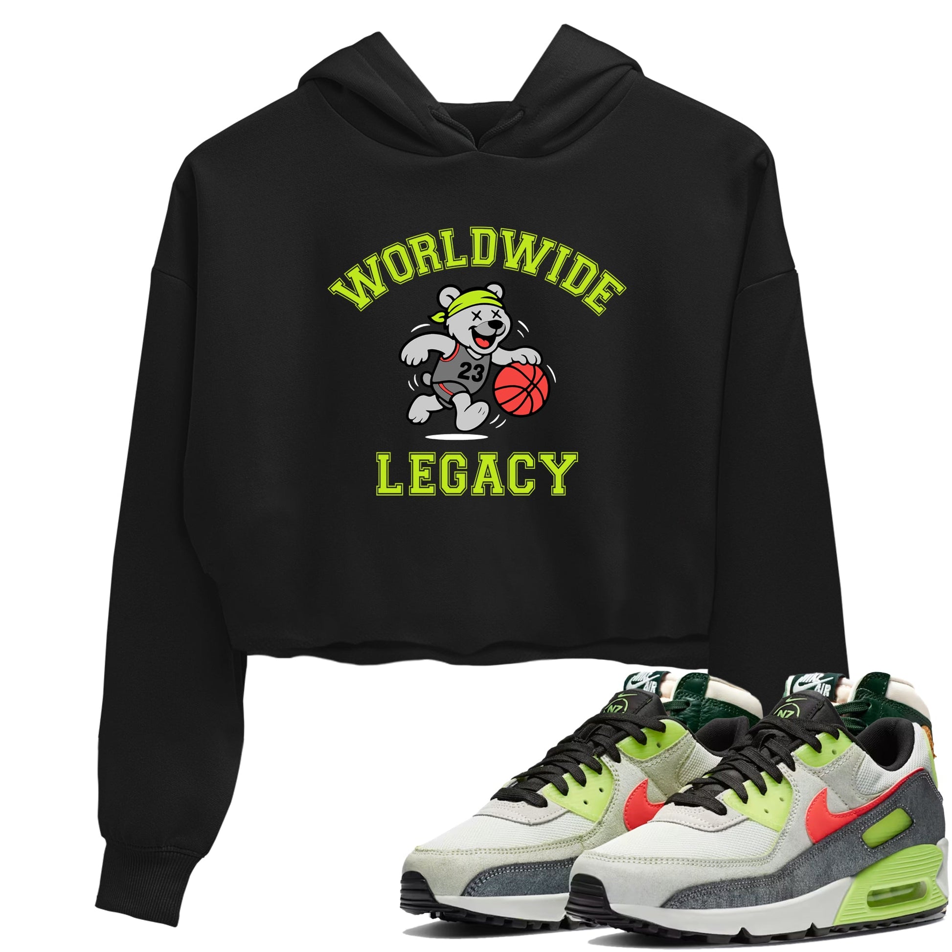 Sneaker Threads – Sneaker Tees To Match Air Max 90 Spruce Aura and Ghost Green – Worldwide Legacy Crop Tee Black 1. Perfect for Jordan releases 2025 colorways.