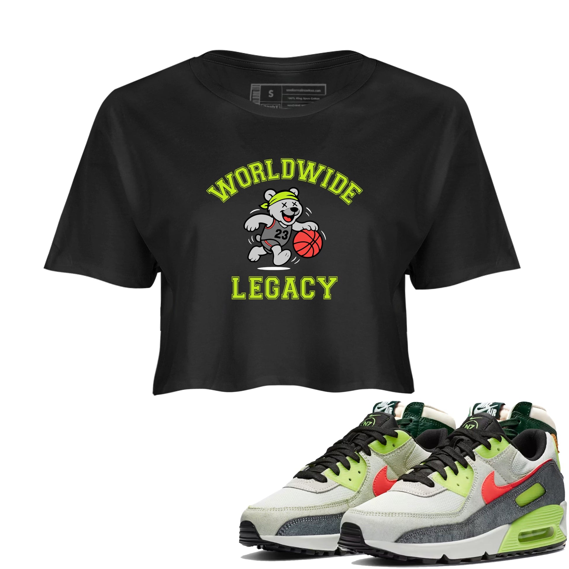 Sneaker Threads – Sneaker Tees To Match Air Max 90 Spruce Aura and Ghost Green – Worldwide Legacy Crop Tee Black 1. Perfect for Jordan releases 2025 colorways.