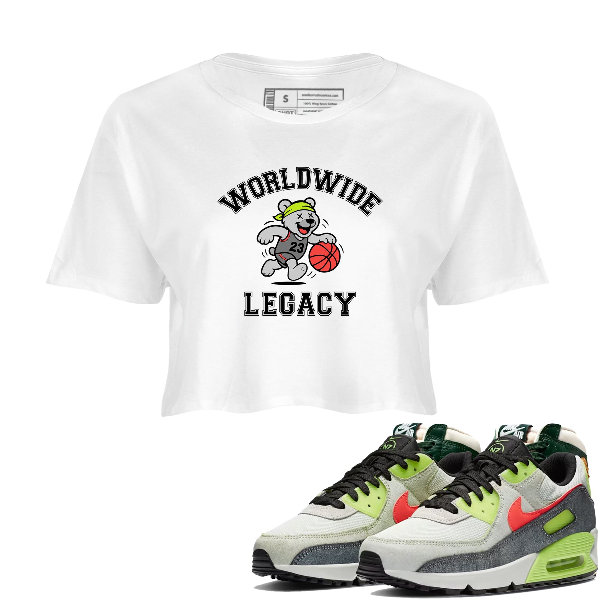 Sneaker Threads – Sneaker Tees To Match Air Max 90 Spruce Aura and Ghost Green – Worldwide Legacy Crop Tee White 1. Perfect for Jordan releases 2025 colorways.