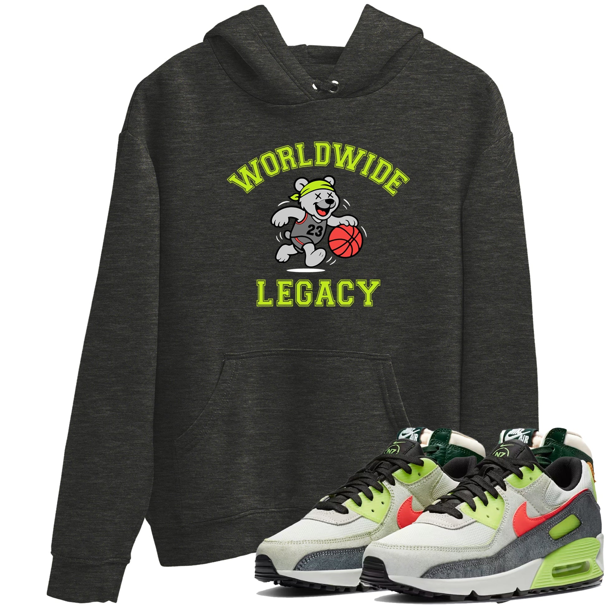 Sneaker Threads – Sneaker Tees To Match Air Max 90 Spruce Aura and Ghost Green – Worldwide Legacy Graphic Tee Charcoal Heather 1. Perfect for Jordan releases 2025 colorways.
