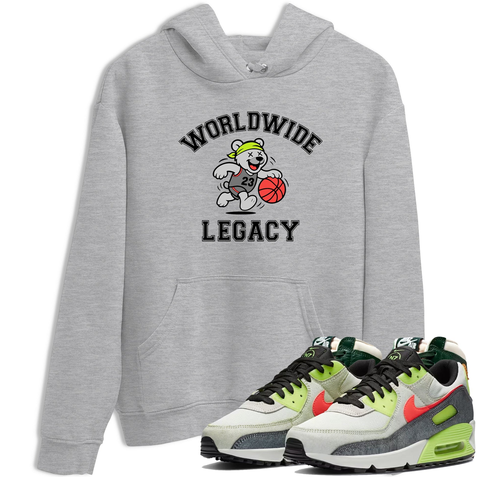 Sneaker Threads – Sneaker Tees To Match Air Max 90 Spruce Aura and Ghost Green – Worldwide Legacy Graphic Tee Heather Grey 1. Perfect for Jordan releases 2025 colorways.