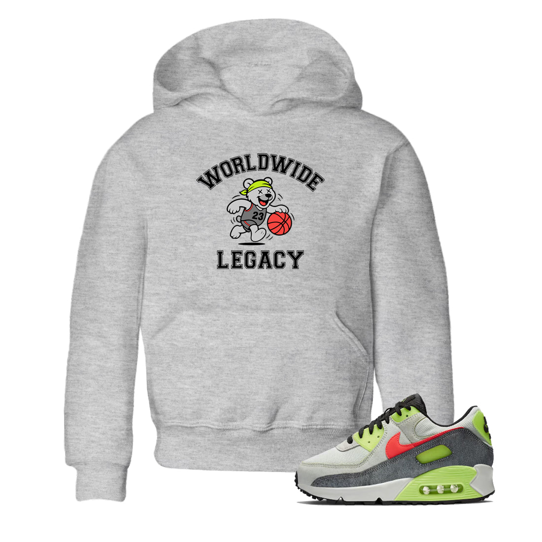 Sneaker Threads – Sneaker Tees To Match Air Max 90 Spruce Aura and Ghost Green – Worldwide Legacy Youth Graphic Tee Heather Grey 1. Perfect for Jordan releases 2025 colorways.